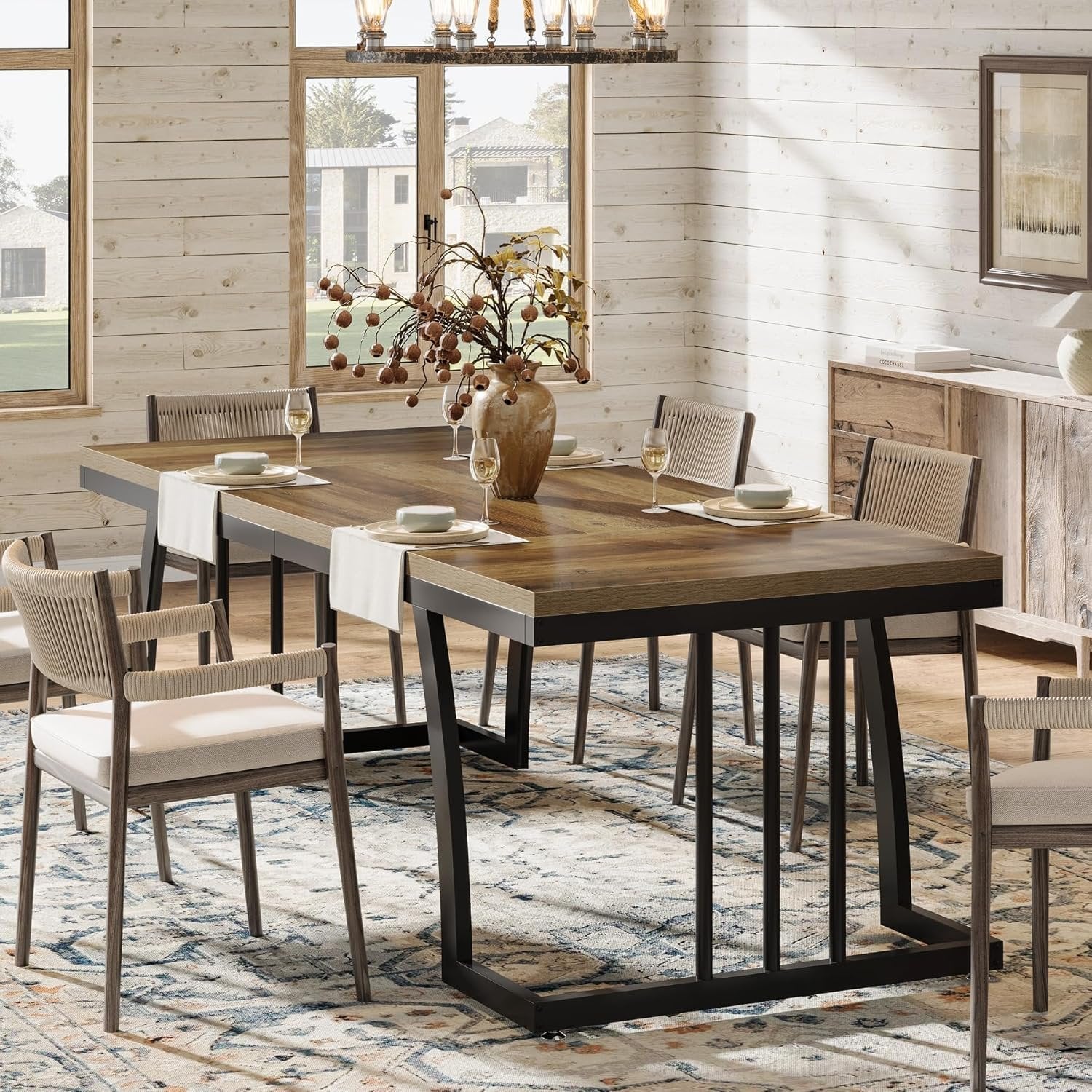 6-Seater Rustic Dining Table, 63" Rectangular Wood Table with Metal Frame for Dining Room