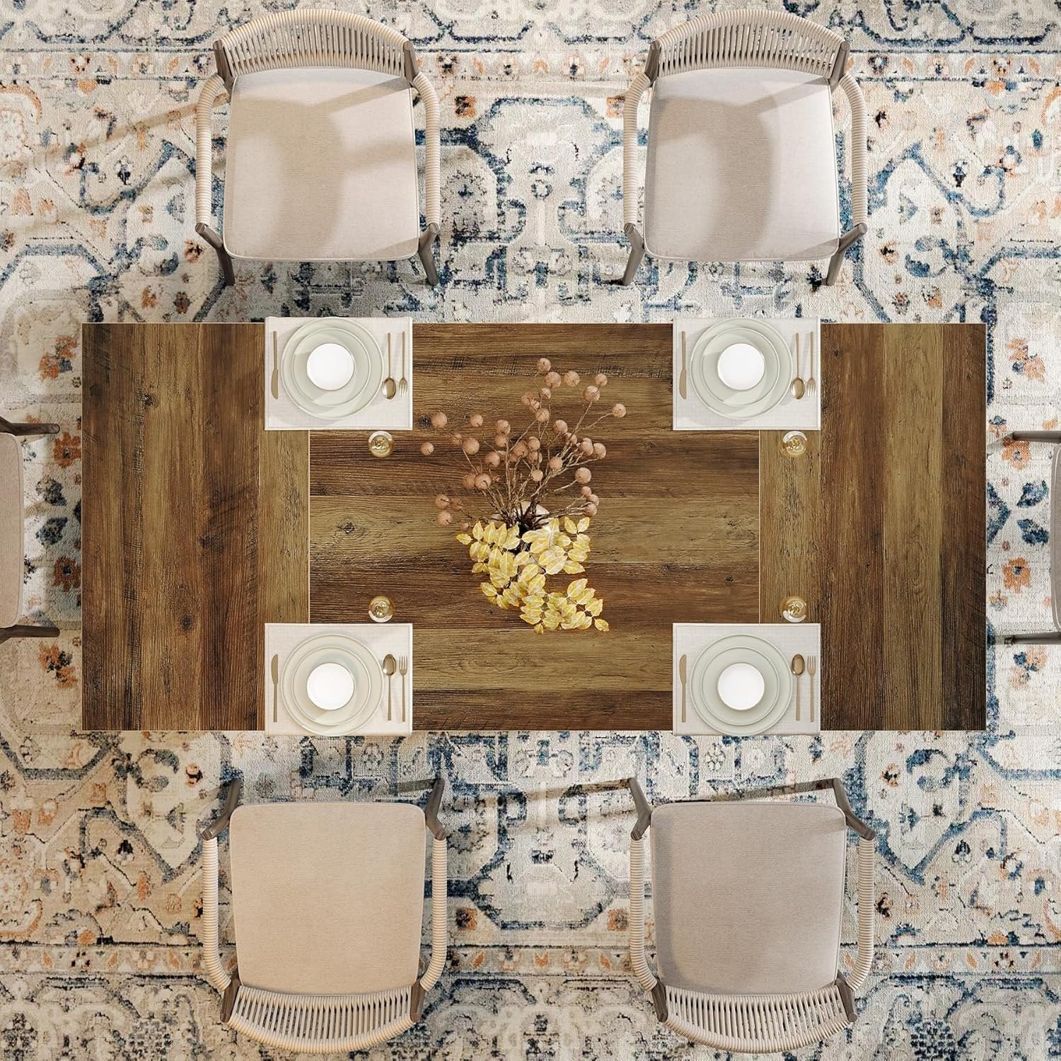 6-Seater Rustic Dining Table, 63" Rectangular Wood Table with Metal Frame for Dining Room