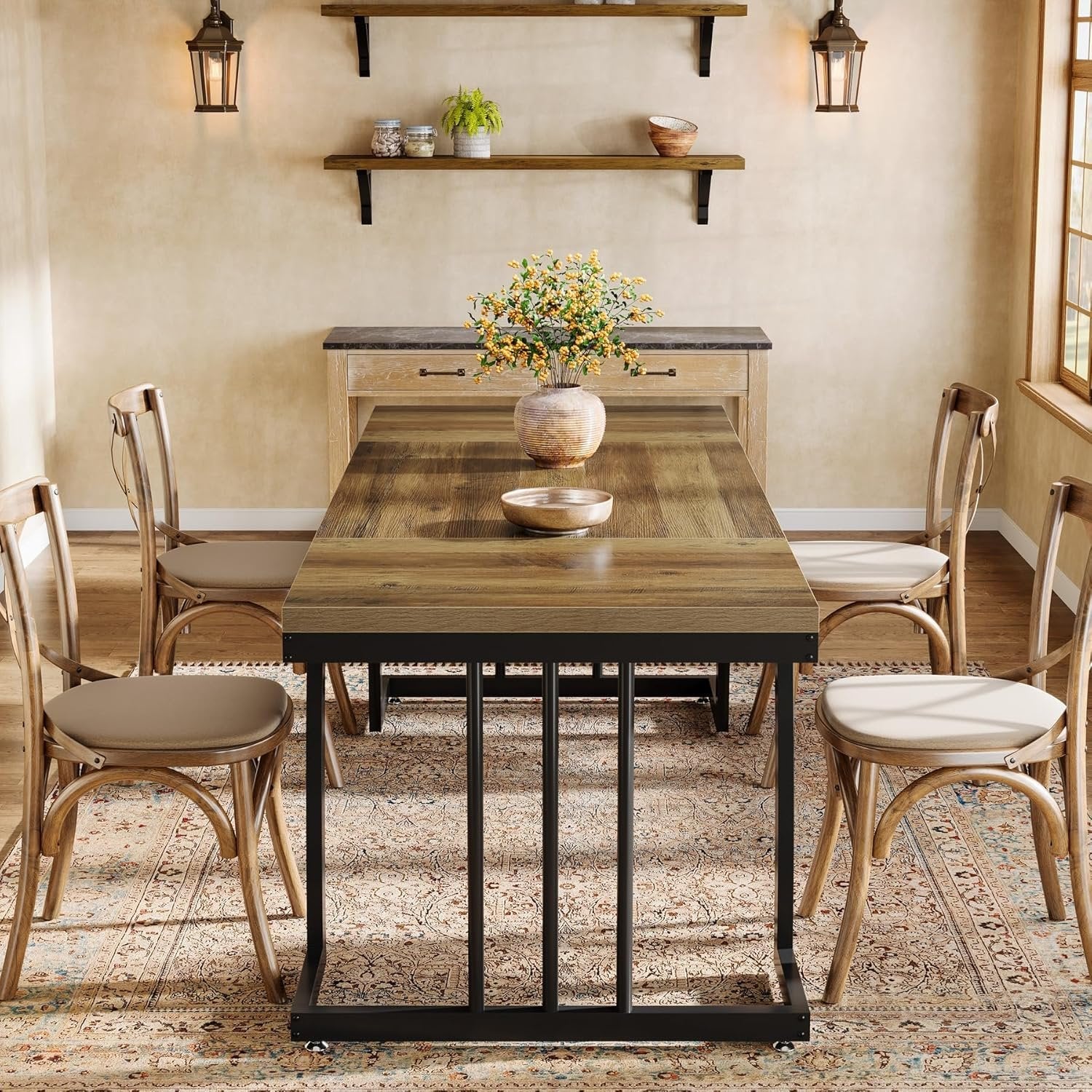 6-Seater Rustic Dining Table, 63" Rectangular Wood Table with Metal Frame for Dining Room