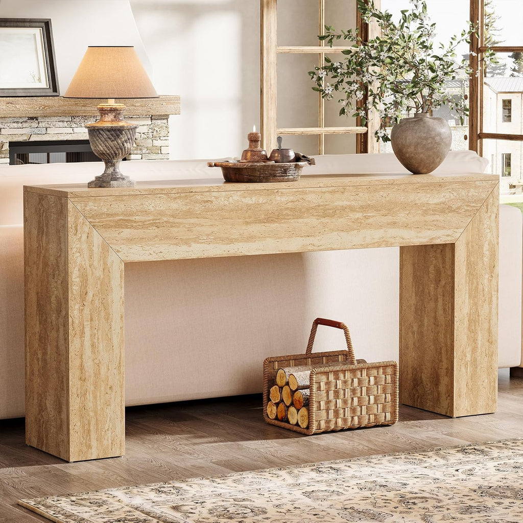 63" Narrow Sofa Console Faux Travertine Finish