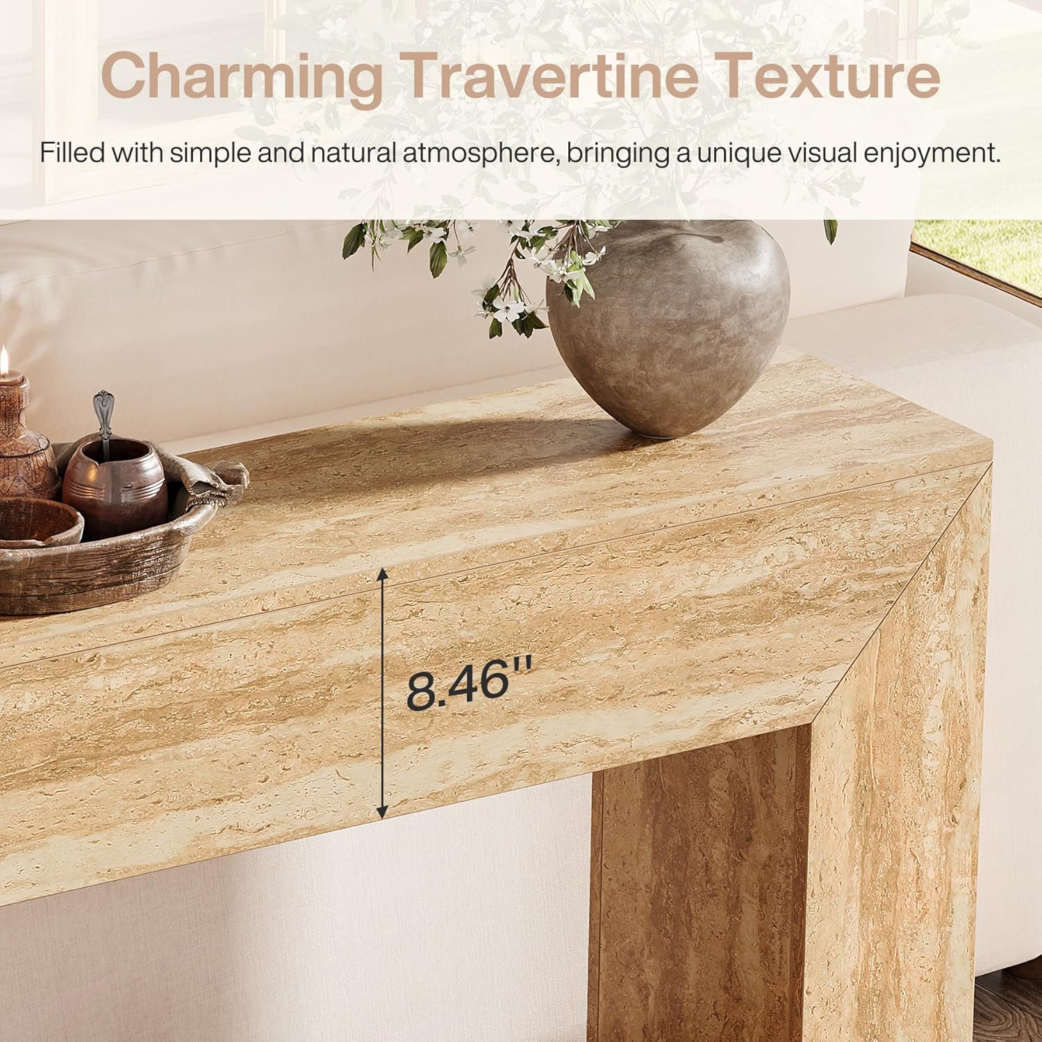 Tribesigns 63" Narrow Sofa Console with Faux Travertine Finish