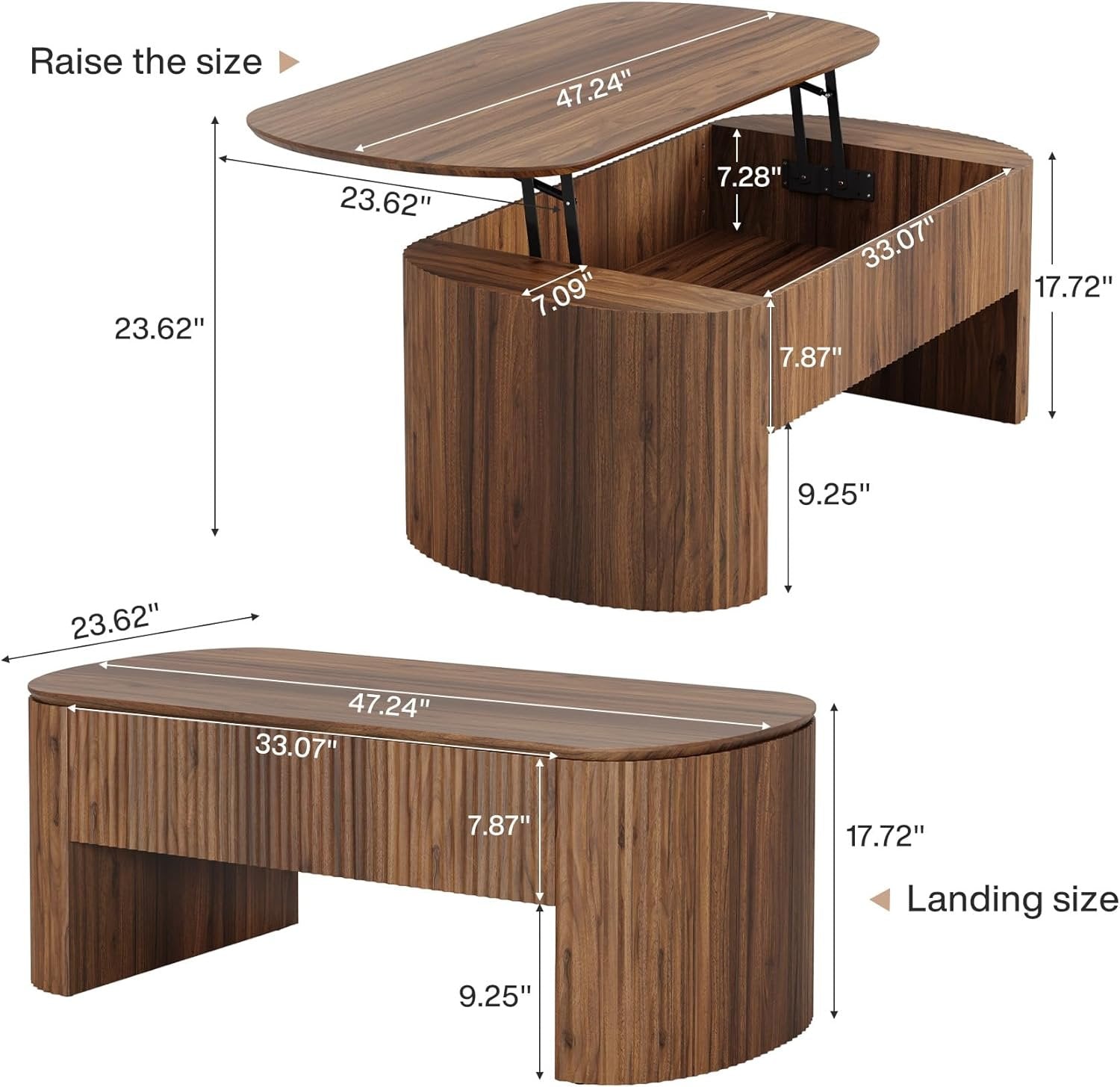 47-Inch Oval Lift Top Coffee Table, Rustic Brown with Storage Shelf and Hidden Compartment