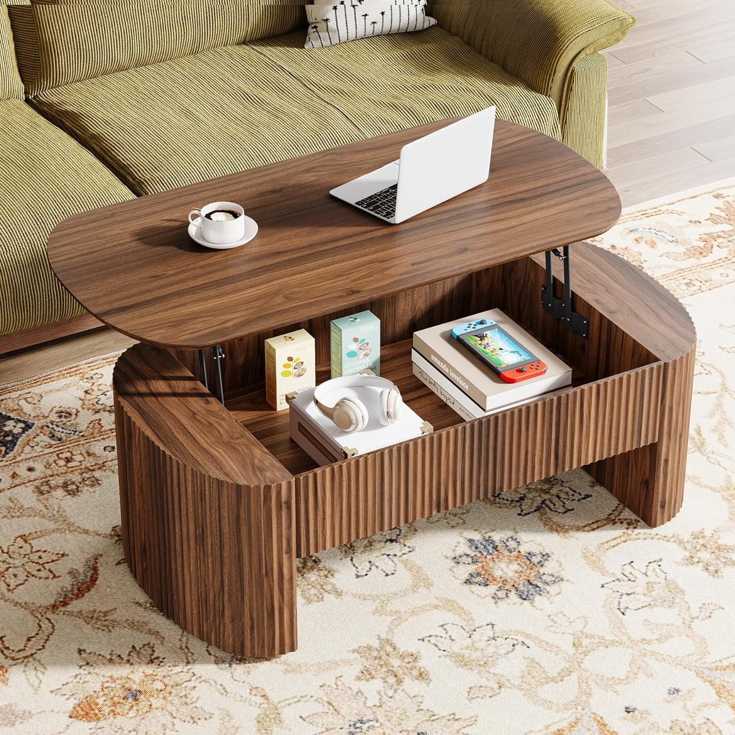 47-Inch Oval Lift Top Coffee Table, Rustic Brown with Storage Shelf and Hidden Compartment