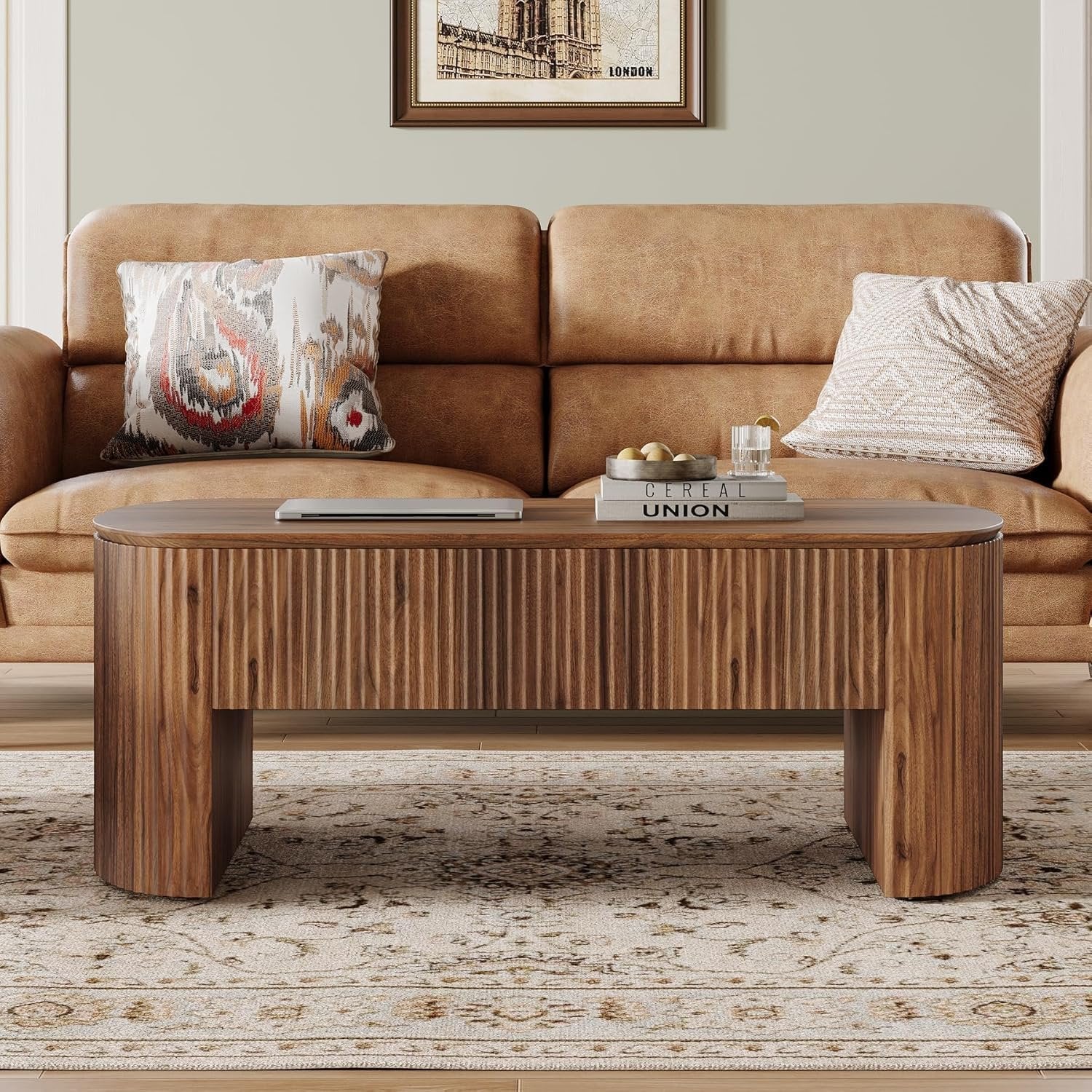 47-Inch Oval Lift Top Coffee Table, Rustic Brown with Storage Shelf and Hidden Compartment