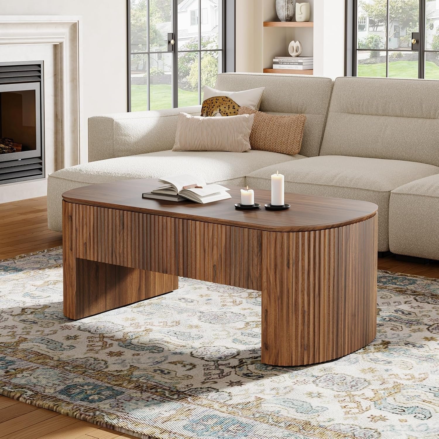 47-Inch Oval Lift Top Coffee Table, Rustic Brown with Storage Shelf and Hidden Compartment