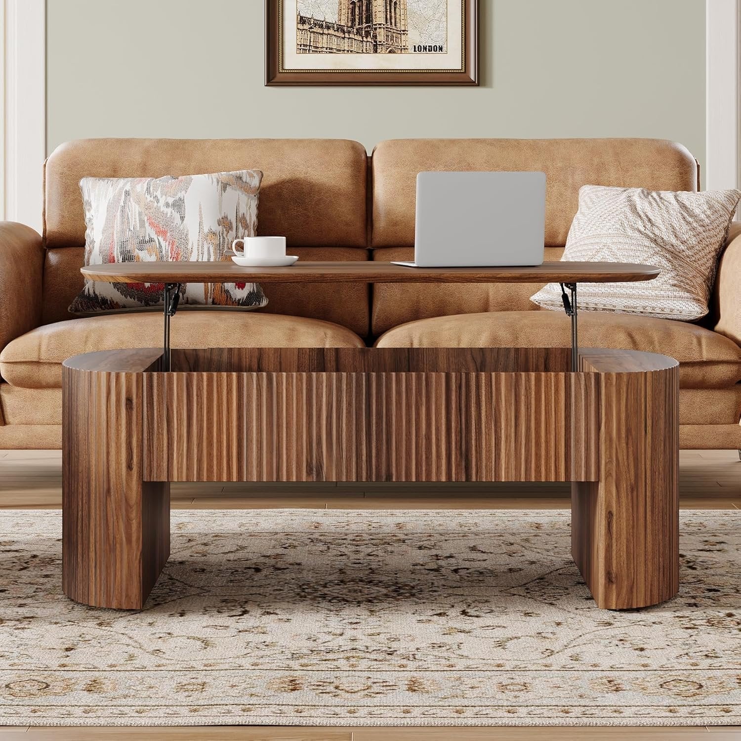 47-Inch Oval Lift Top Coffee Table, Rustic Brown with Storage Shelf and Hidden Compartment