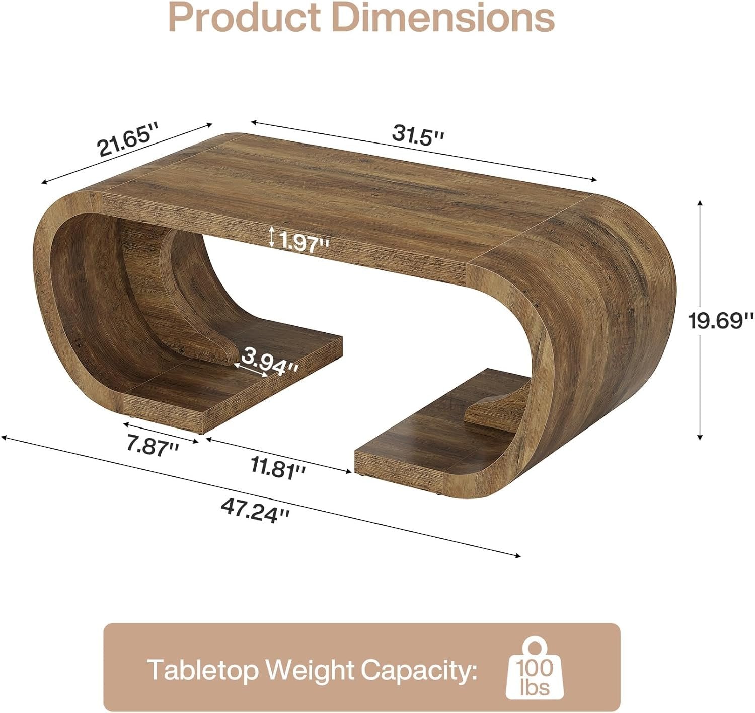 47" Farmhouse Coffee Table with Curved Base, Heavy Duty C Shaped Center Table