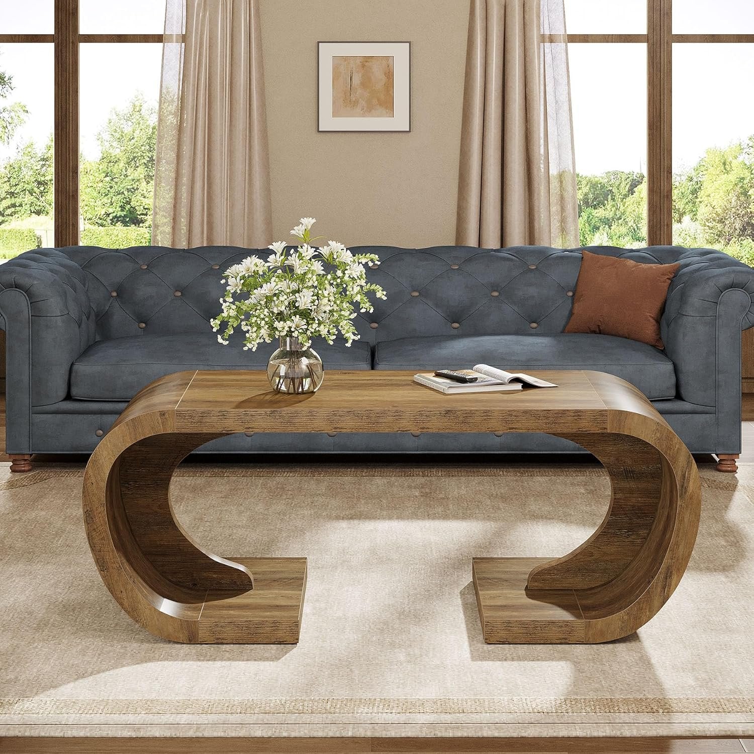 47" Farmhouse Coffee Table with Curved Base, Heavy Duty C Shaped Center Table