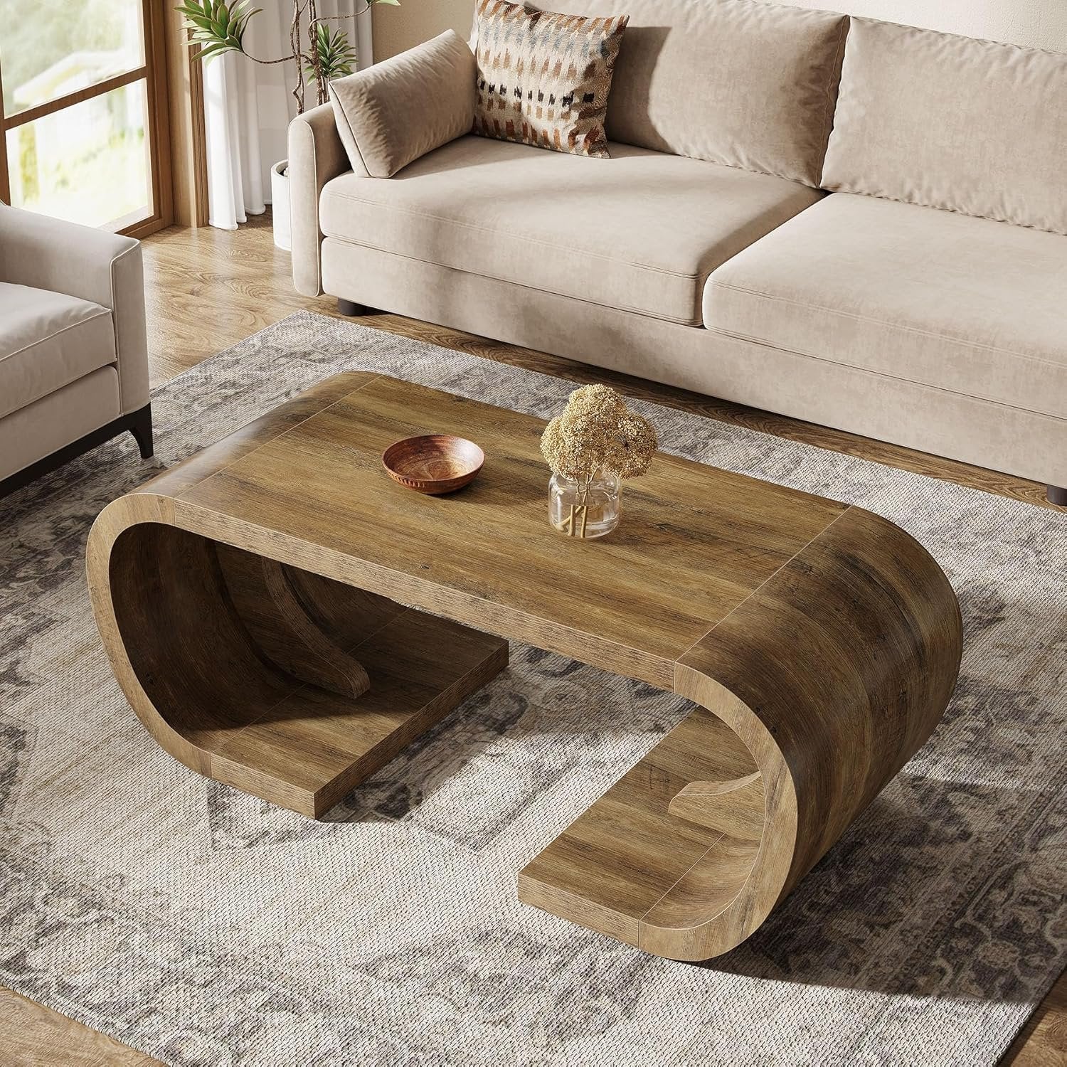 47" Farmhouse Coffee Table with Curved Base, Heavy Duty C Shaped Center Table