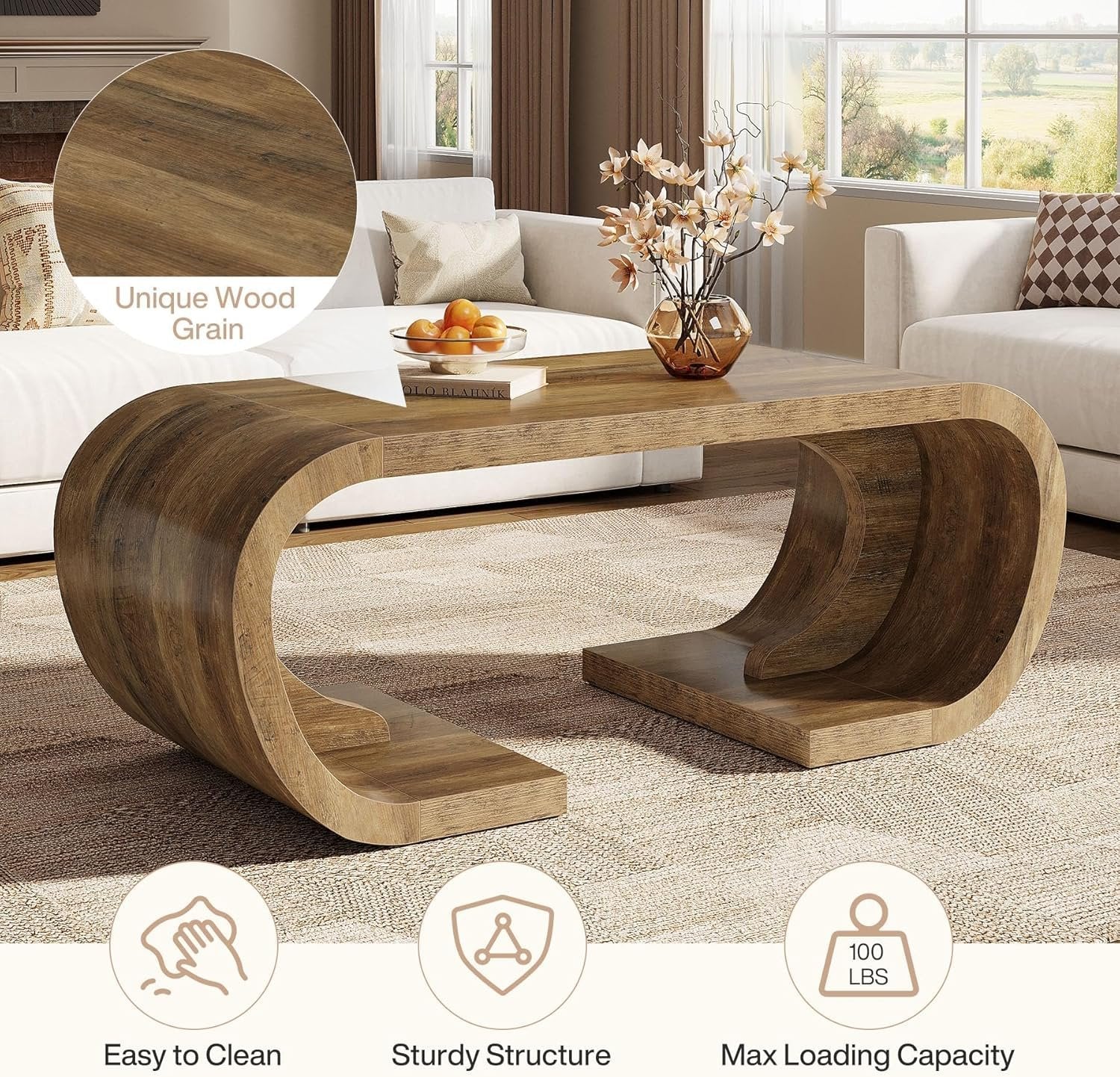 47" Farmhouse Coffee Table with Curved Base, Heavy Duty C Shaped Center Table