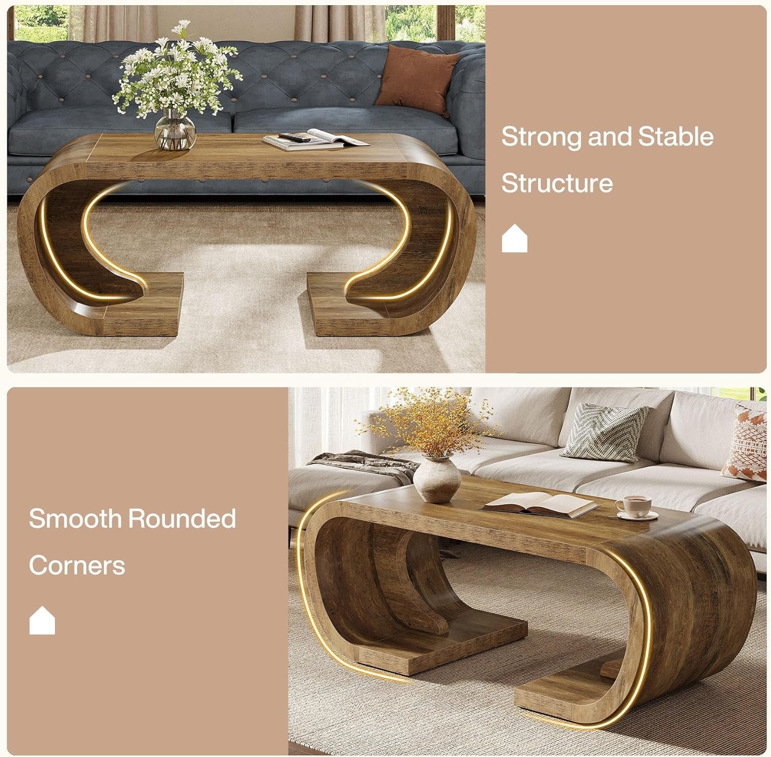 47" Farmhouse Coffee Table with Curved Base, Heavy Duty C Shaped Center Table