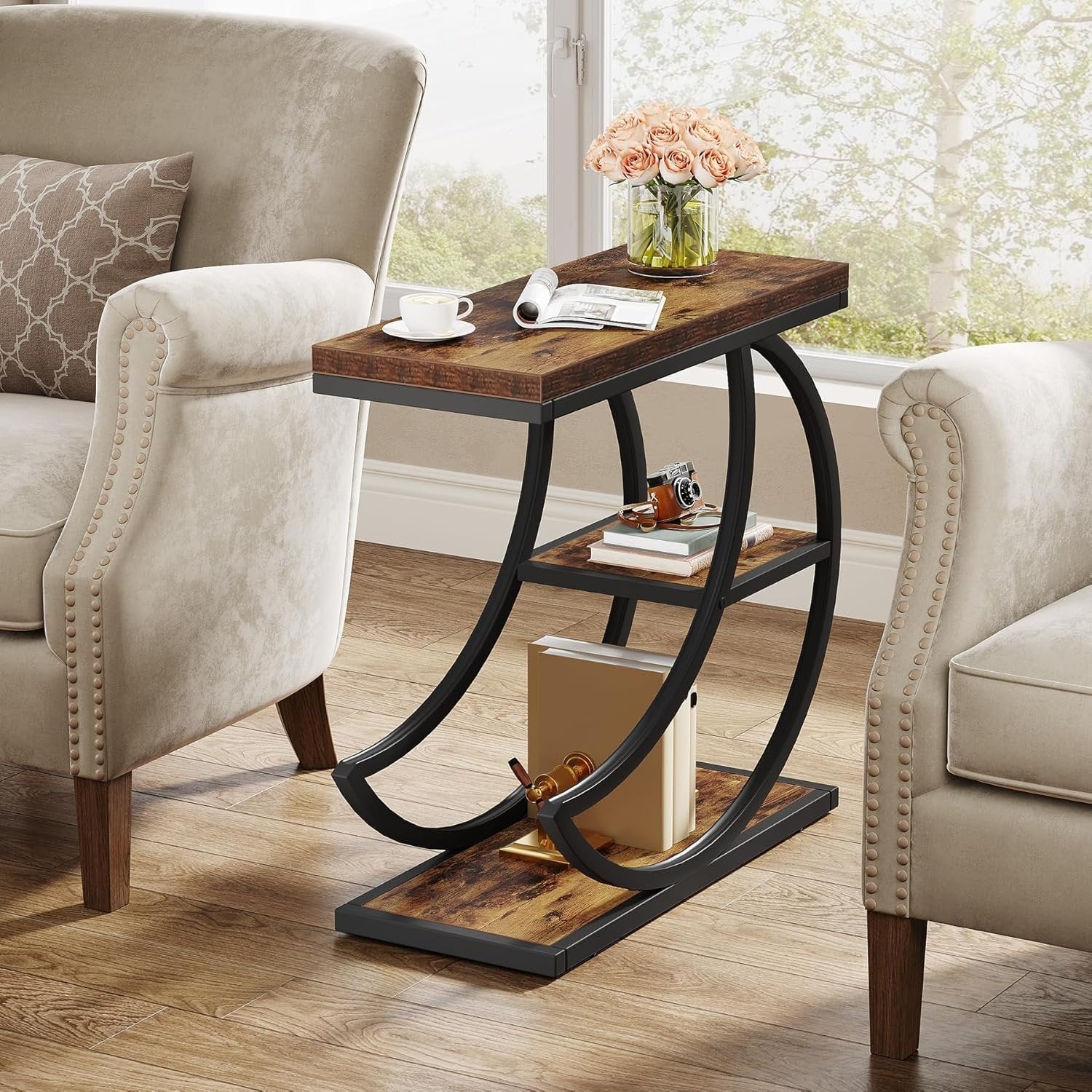 Tribesigns Small Side Table with Storage, Farmhouse Moon Shaped Accent Table