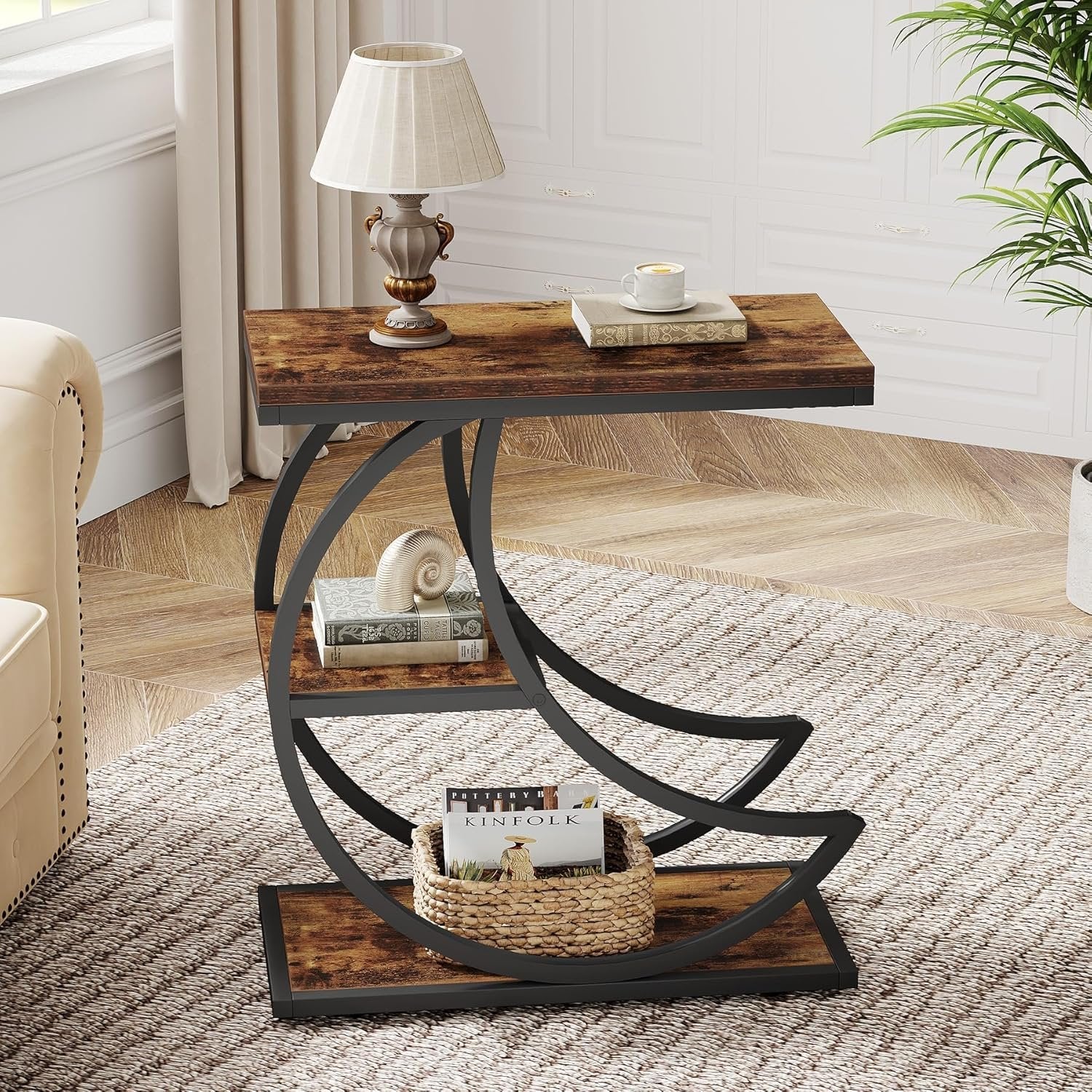 Tribesigns Small Side Table with Storage, Farmhouse Moon Shaped Accent Table