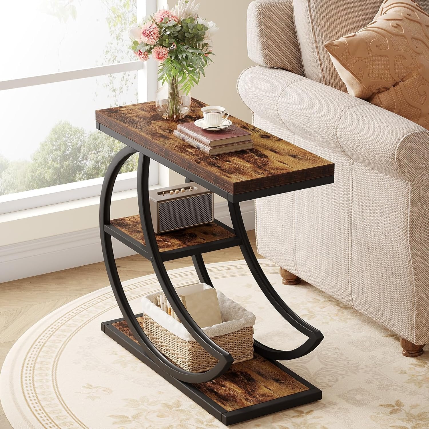 Tribesigns Small Side Table with Storage, Farmhouse Moon Shaped Accent Table