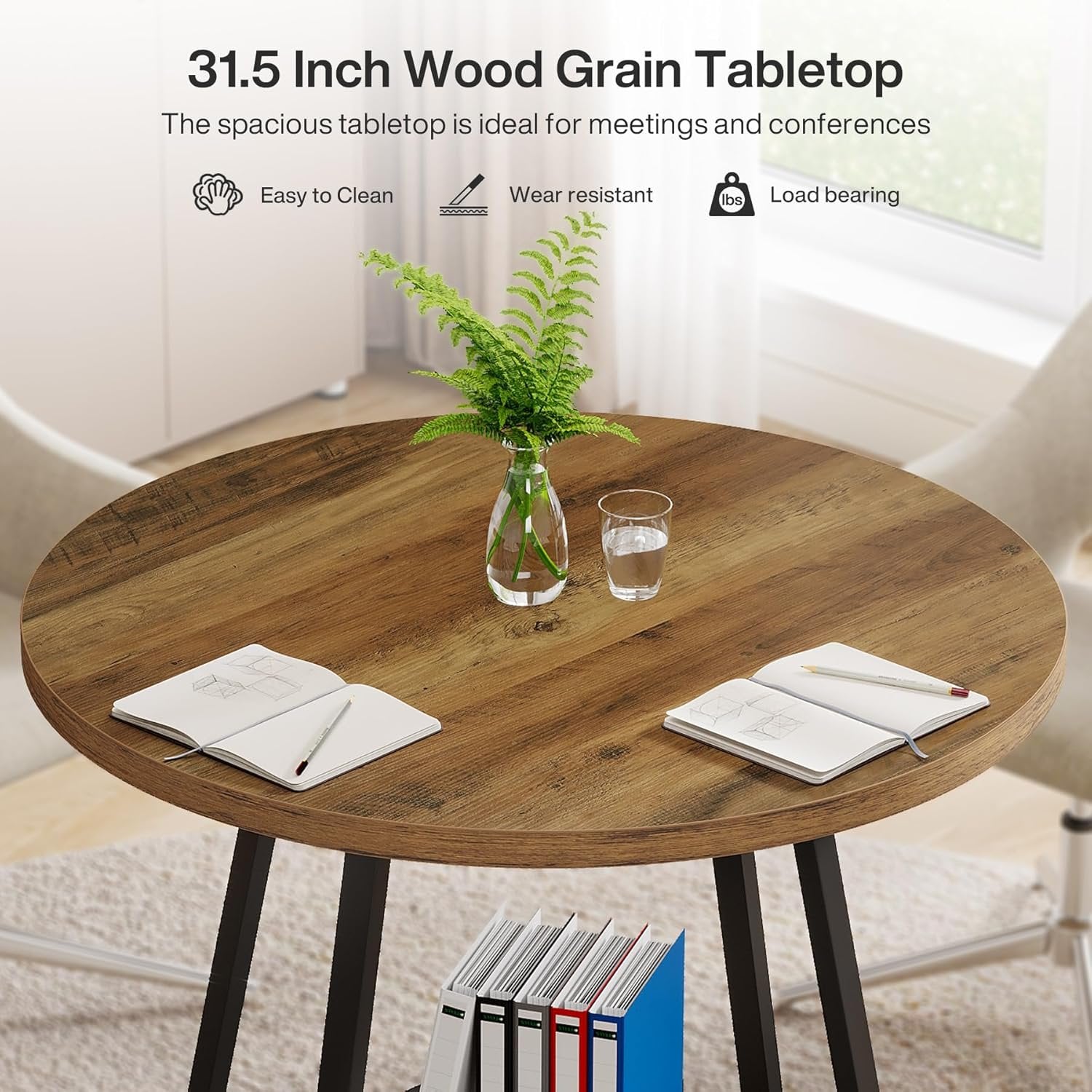 31.5 Inch Round Wooden Conference Table, Compact Office Meeting Table for 2–4 People