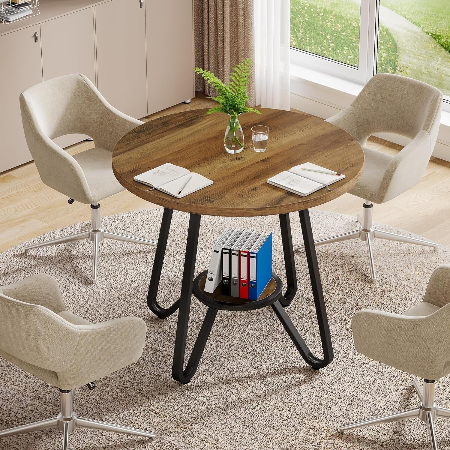 31.5 Inch Round Wooden Conference Table, Compact Office Meeting Table for 2–4 People