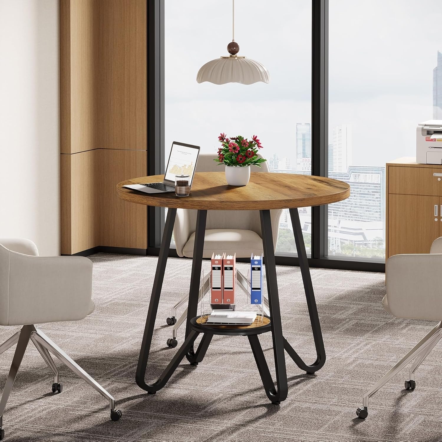 31.5 Inch Round Wooden Conference Table, Compact Office Meeting Table for 2–4 People