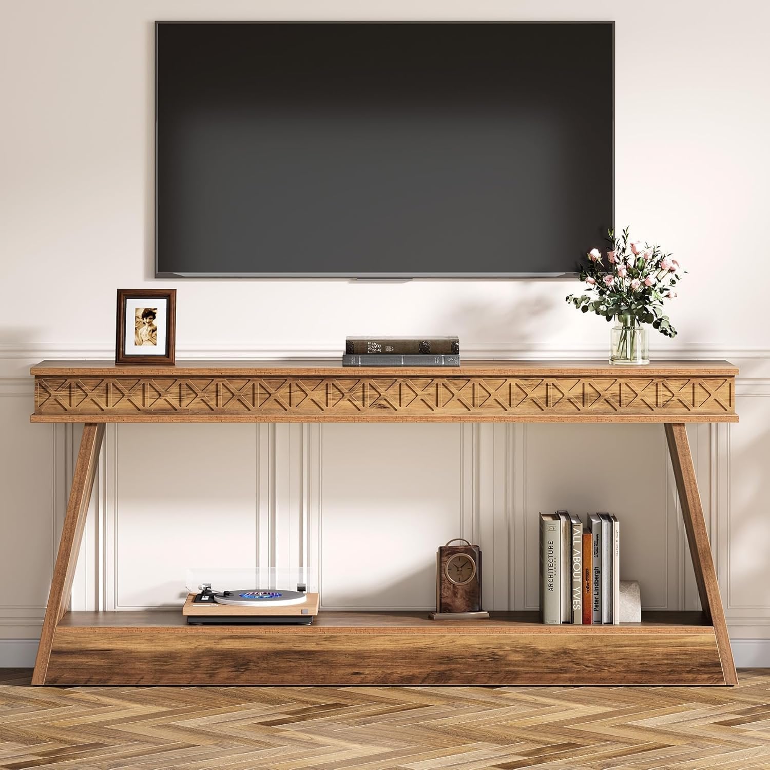 Tribesigns 70.87-Inch Farmhouse TV Stand, Rustic Brown Entertainment Center with Open Shelves