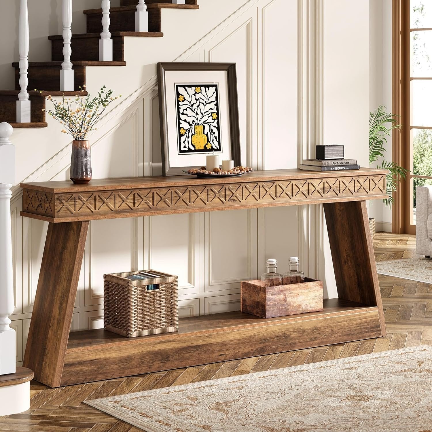 Tribesigns 70.87-Inch Farmhouse TV Stand, Rustic Brown Entertainment Center with Open Shelves