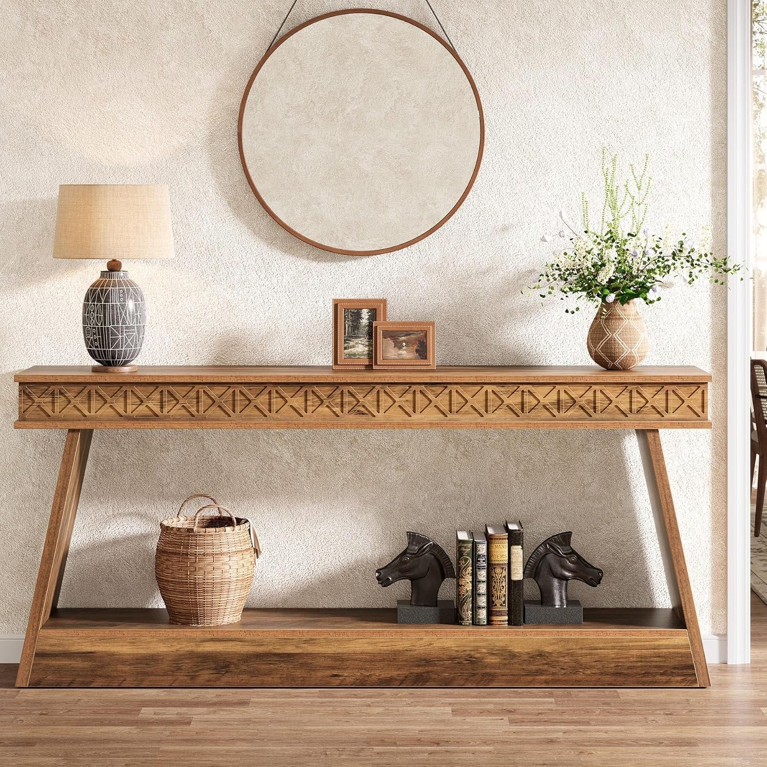 Tribesigns 70.87-Inch Farmhouse TV Stand, Rustic Brown Entertainment Center with Open Shelves