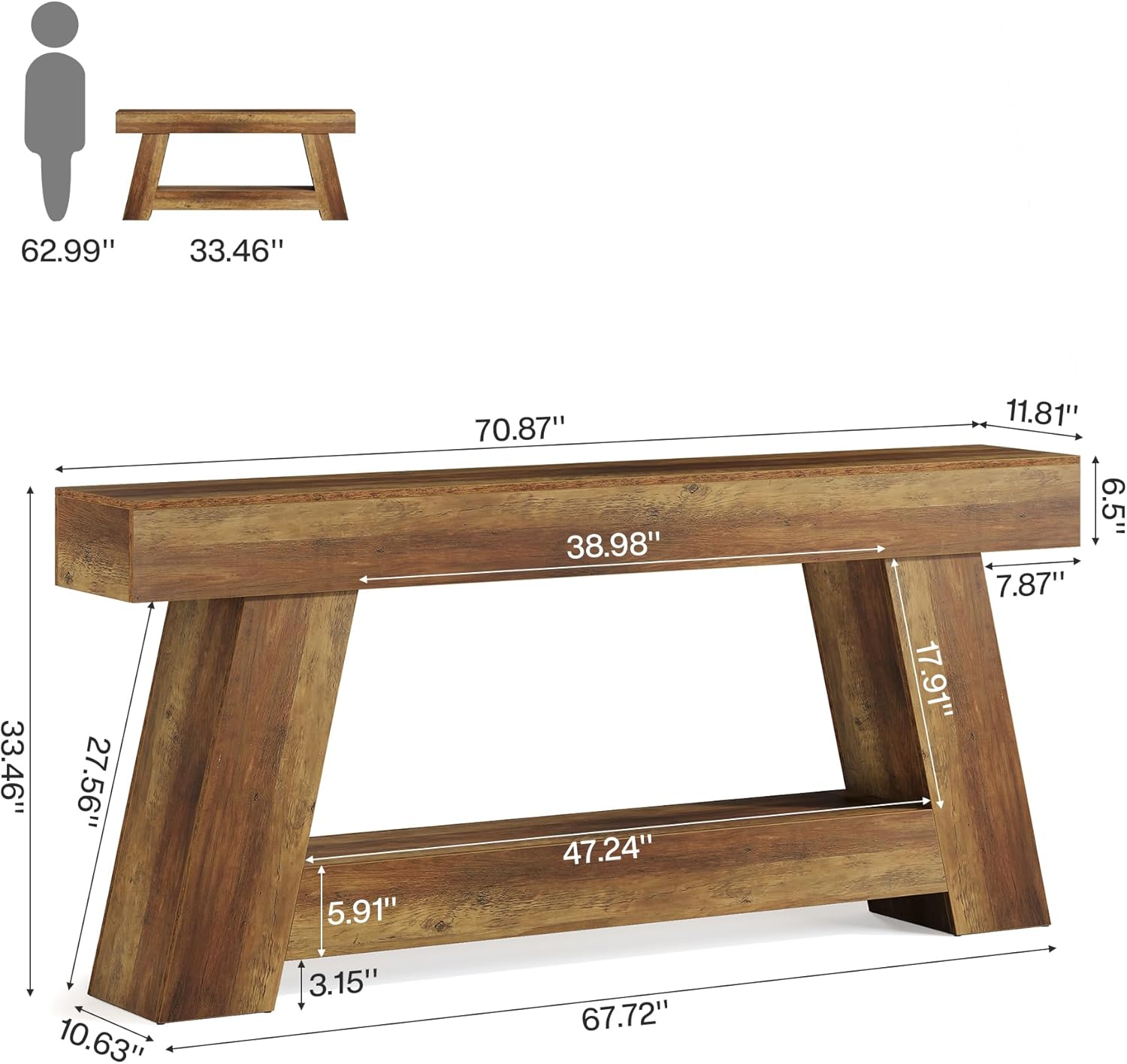 70.87" Console Table, Farmhouse 2 - Tier Sofa Table with Open Storage Shelf Tribesigns