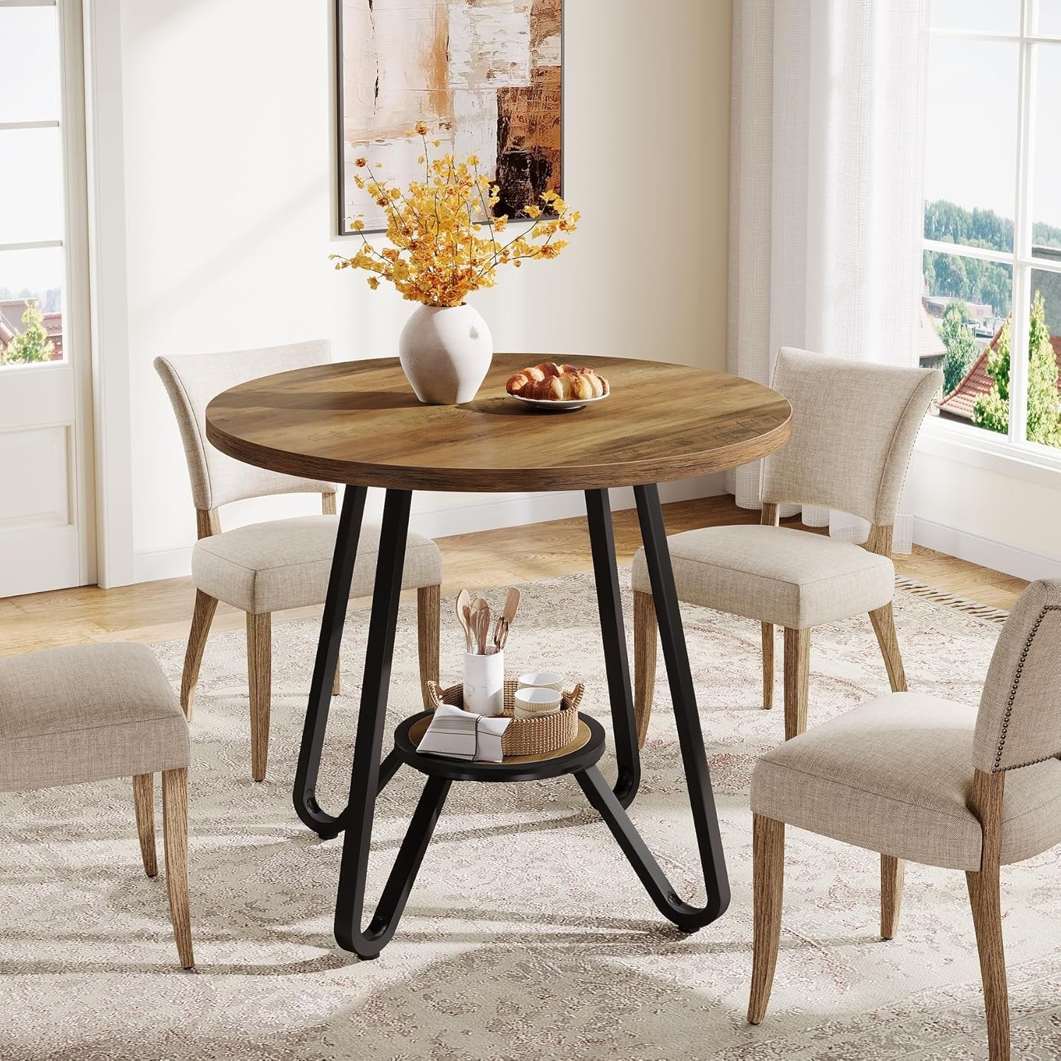 31.5 Inch Round Dining Table with Double Shelves, Industrial Small Kitchen Table for 2