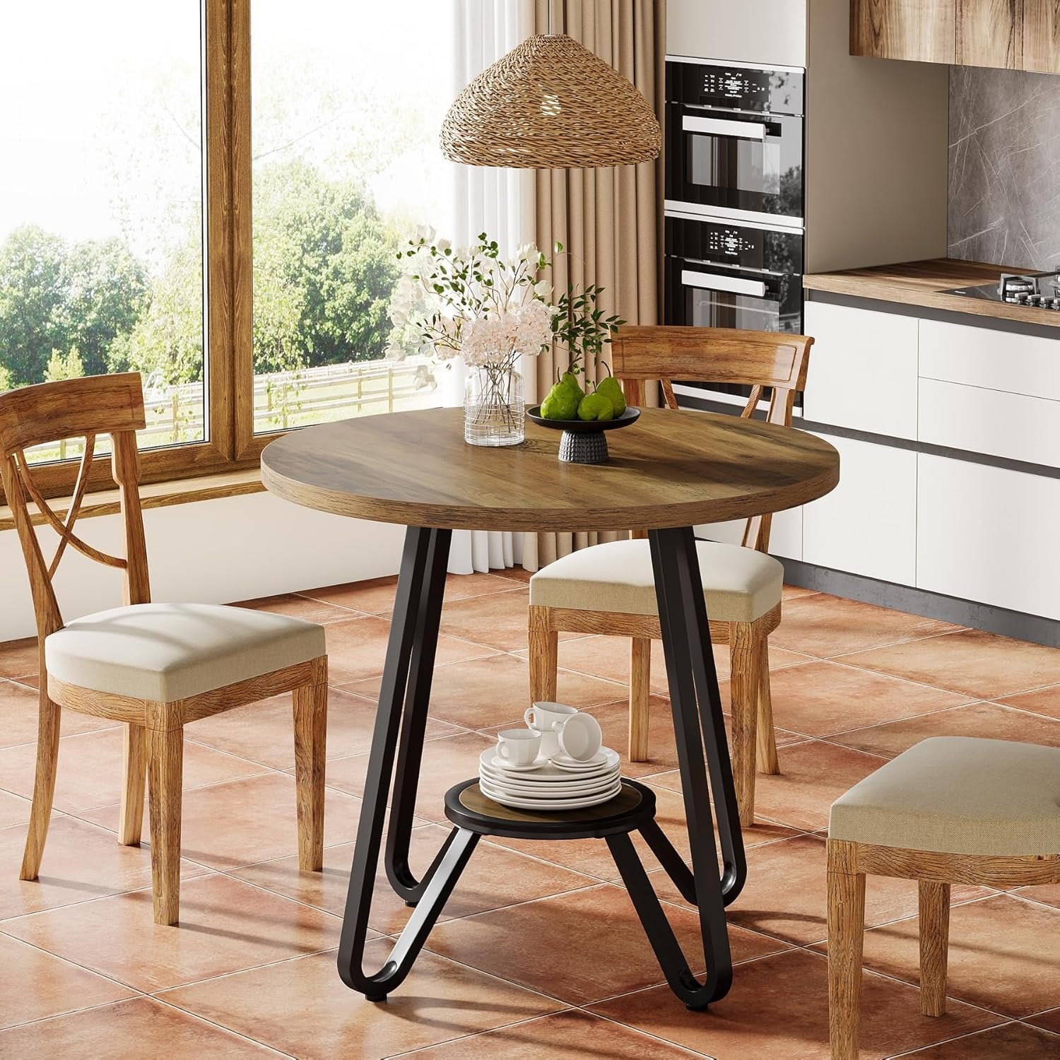 31.5 Inch Round Dining Table with Double Shelves, Industrial Small Kitchen Table for 2