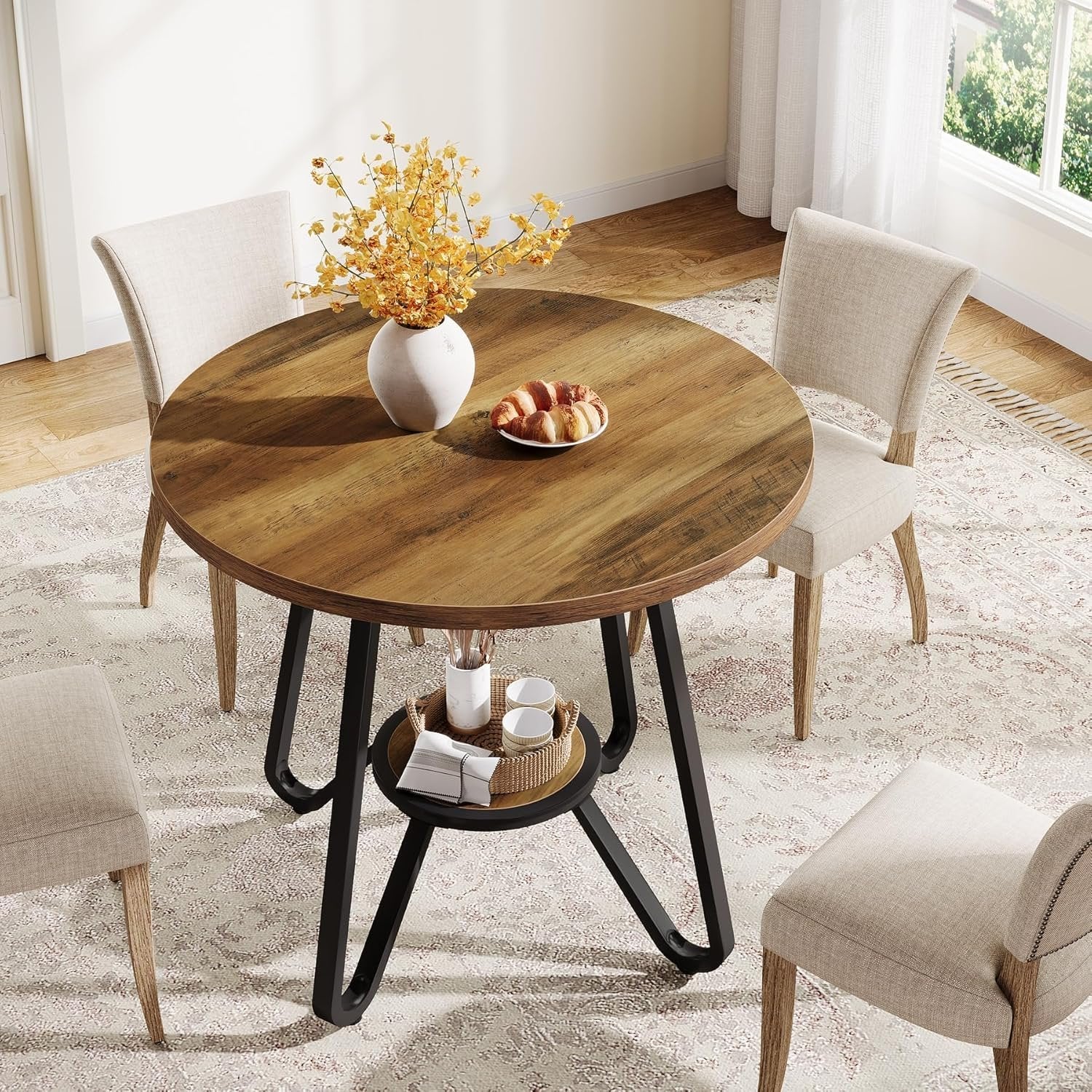31.5 Inch Round Dining Table with Double Shelves, Industrial Small Kitchen Table for 2