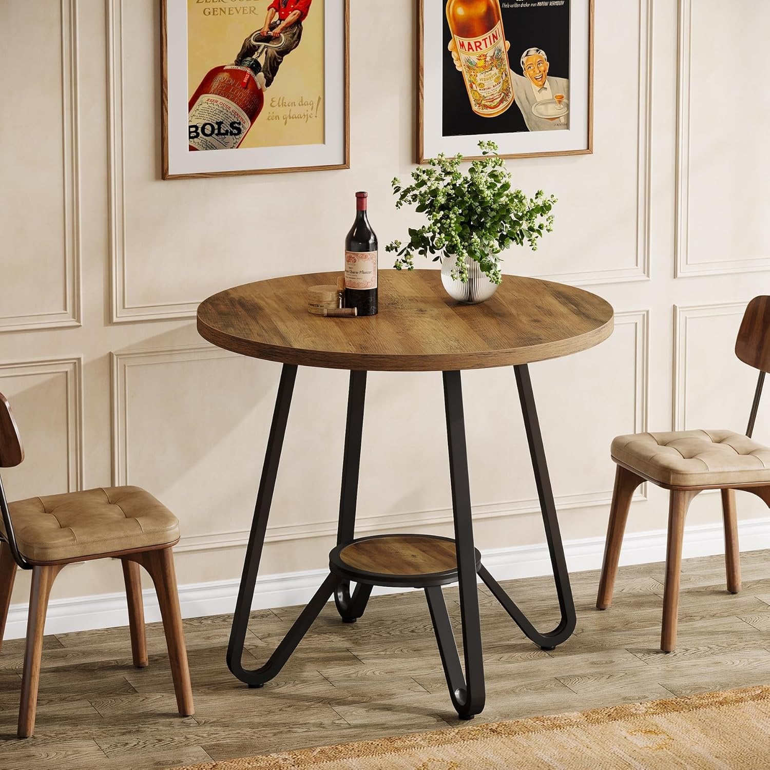 31.5 Inch Round Dining Table with Double Shelves, Industrial Small Kitchen Table for 2