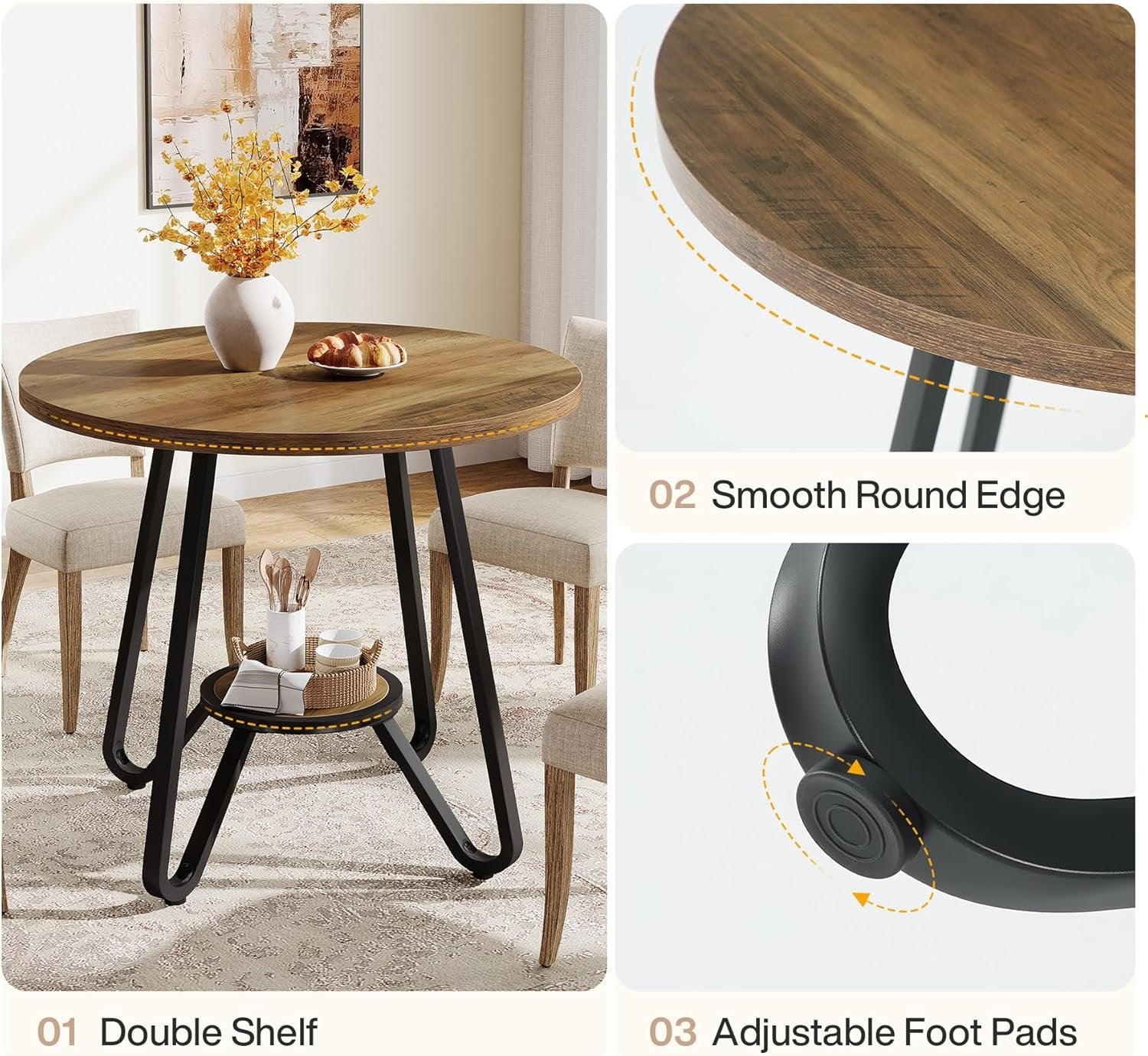 31.5 Inch Round Dining Table with Double Shelves, Industrial Small Kitchen Table for 2