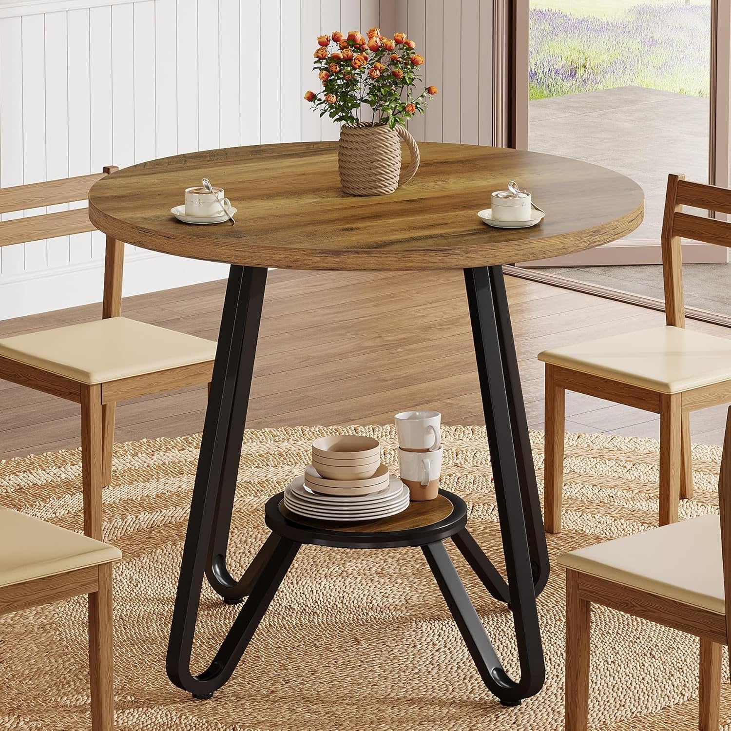 31.5 Inch Round Dining Table with Double Shelves, Industrial Small Kitchen Table for 2