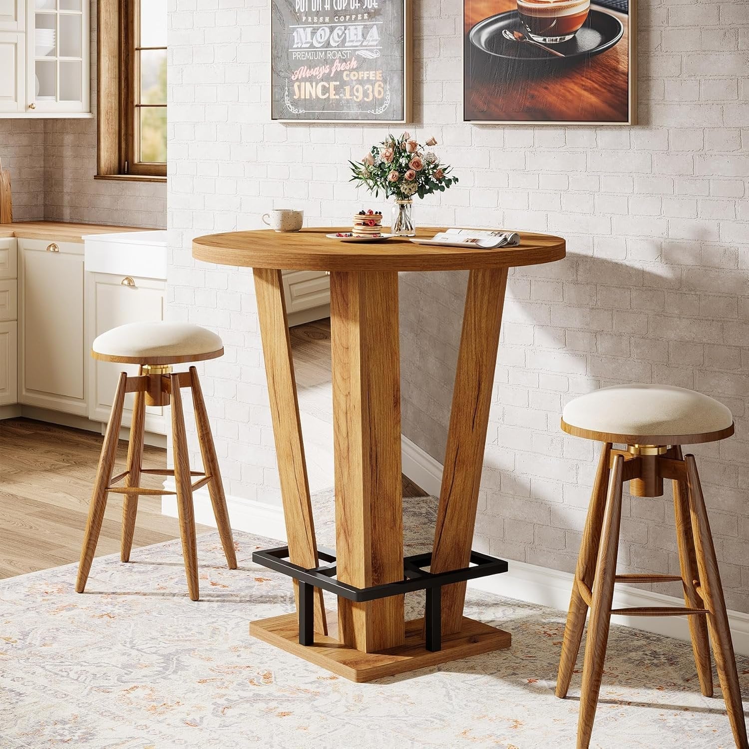 Tribesigns 39.4 Inch High Round Bar Table, With Metal Footrest for Living Room and Small Spaces