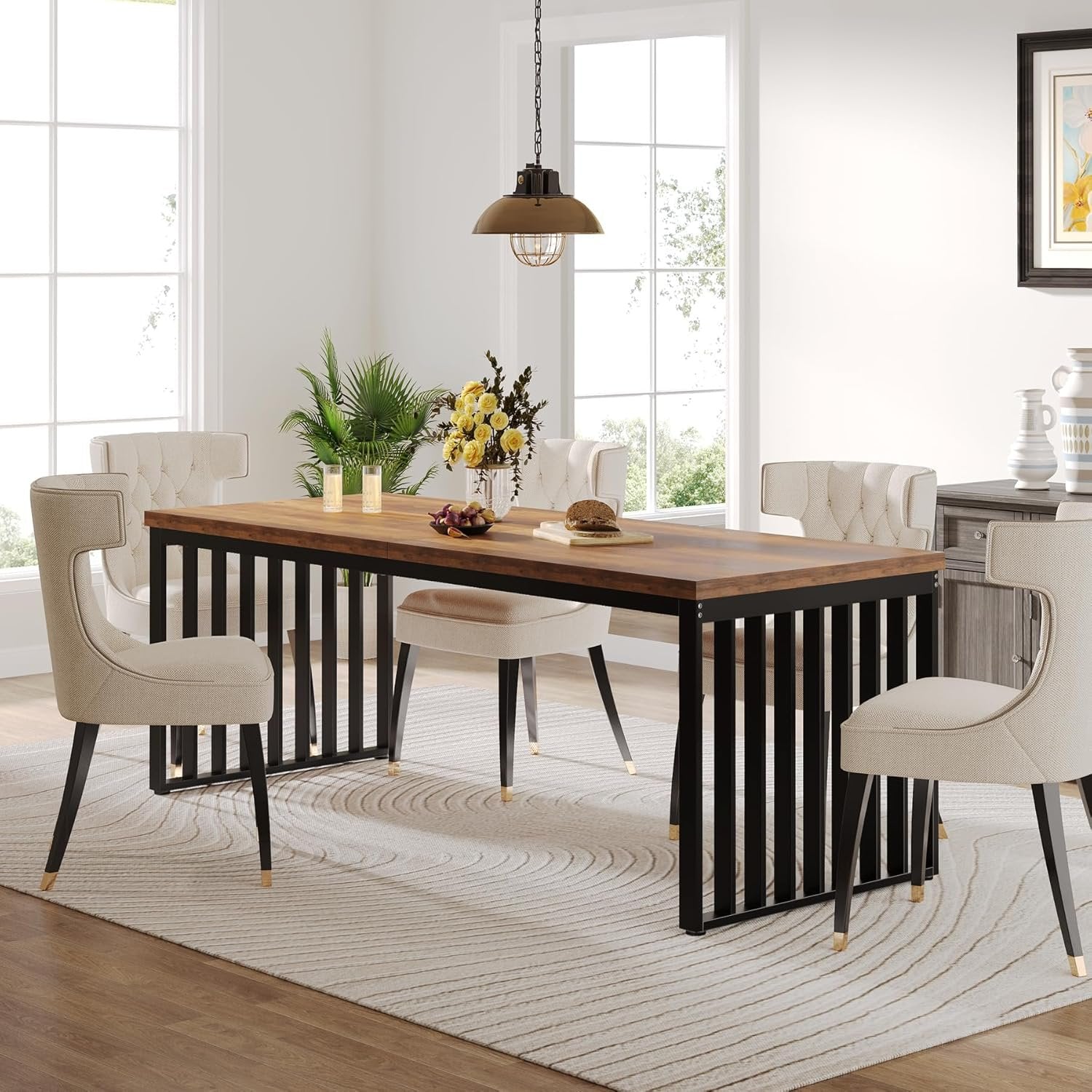 Modern Industrial Dining Table for 8, 71" Long Farmhouse Kitchen Table with Metal Frame
