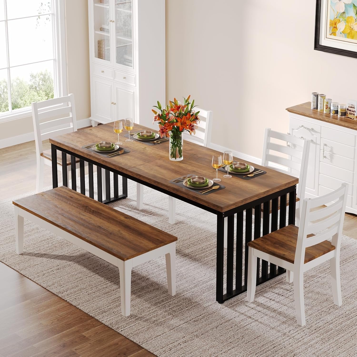 Modern Industrial Dining Table for 8, 71" Long Farmhouse Kitchen Table with Metal Frame