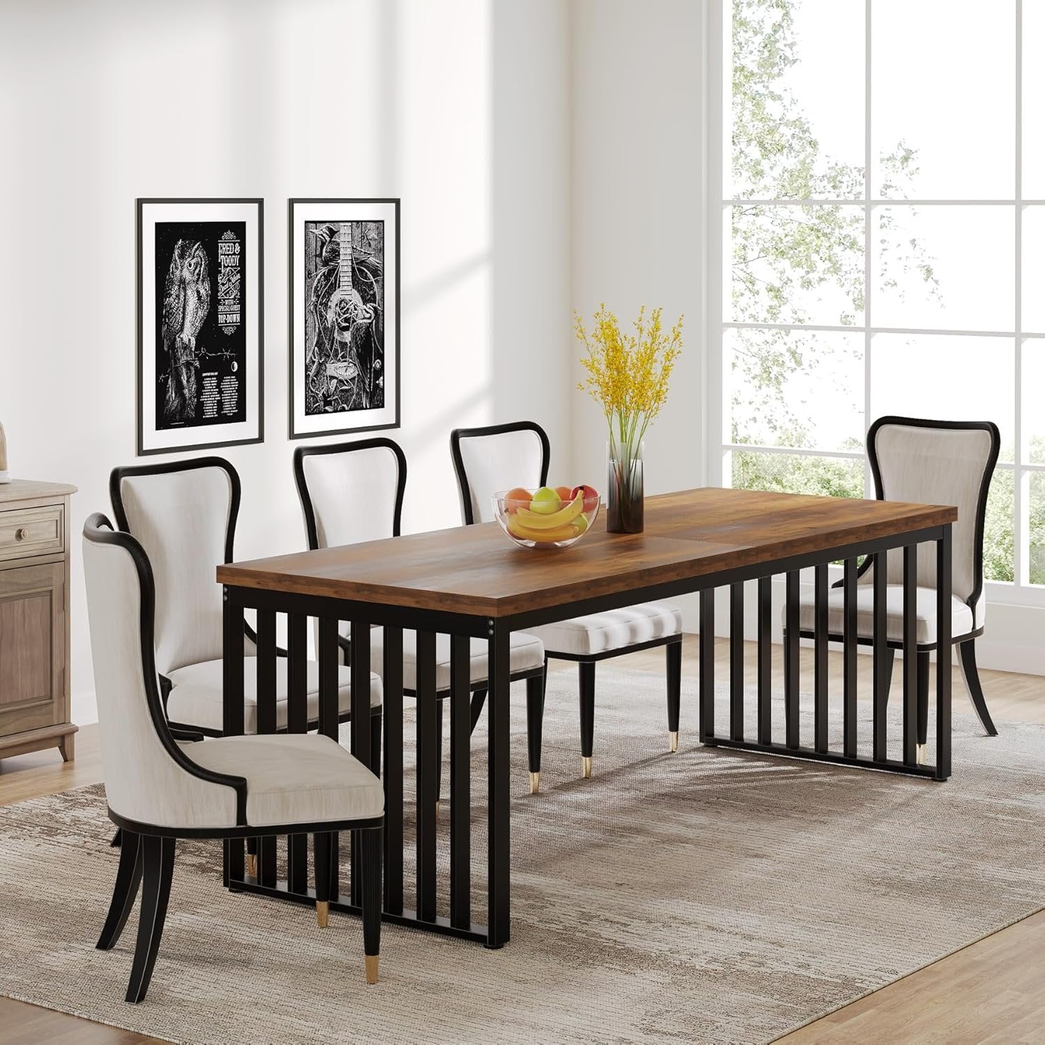 Modern Industrial Dining Table for 8, 71" Long Farmhouse Kitchen Table with Metal Frame