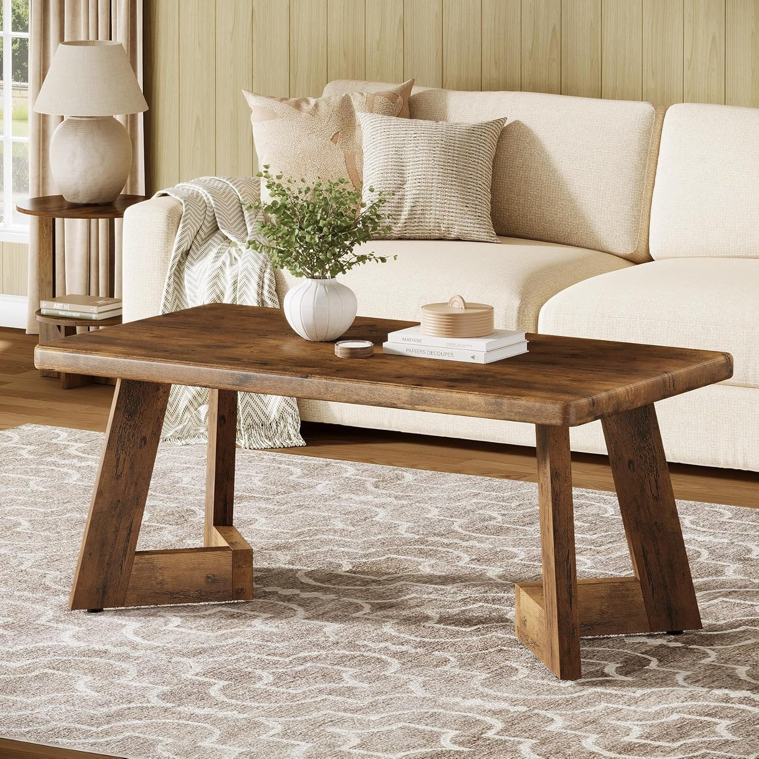 47" Rustic Farmhouse Coffee Table - Brown Wood Center Table with V-Shaped Legs