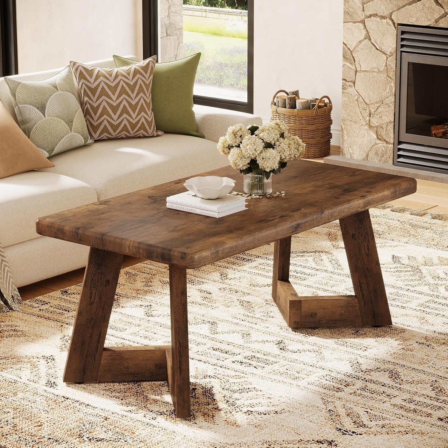 47" Rustic Farmhouse Coffee Table - Brown Wood Center Table with V-Shaped Legs