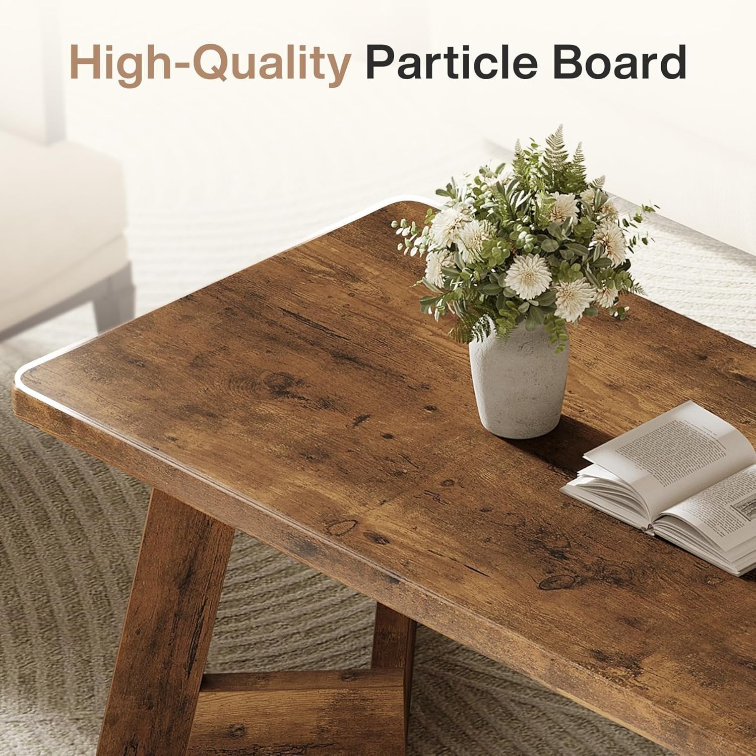 47" Rustic Farmhouse Coffee Table - Brown Wood Center Table with V-Shaped Legs