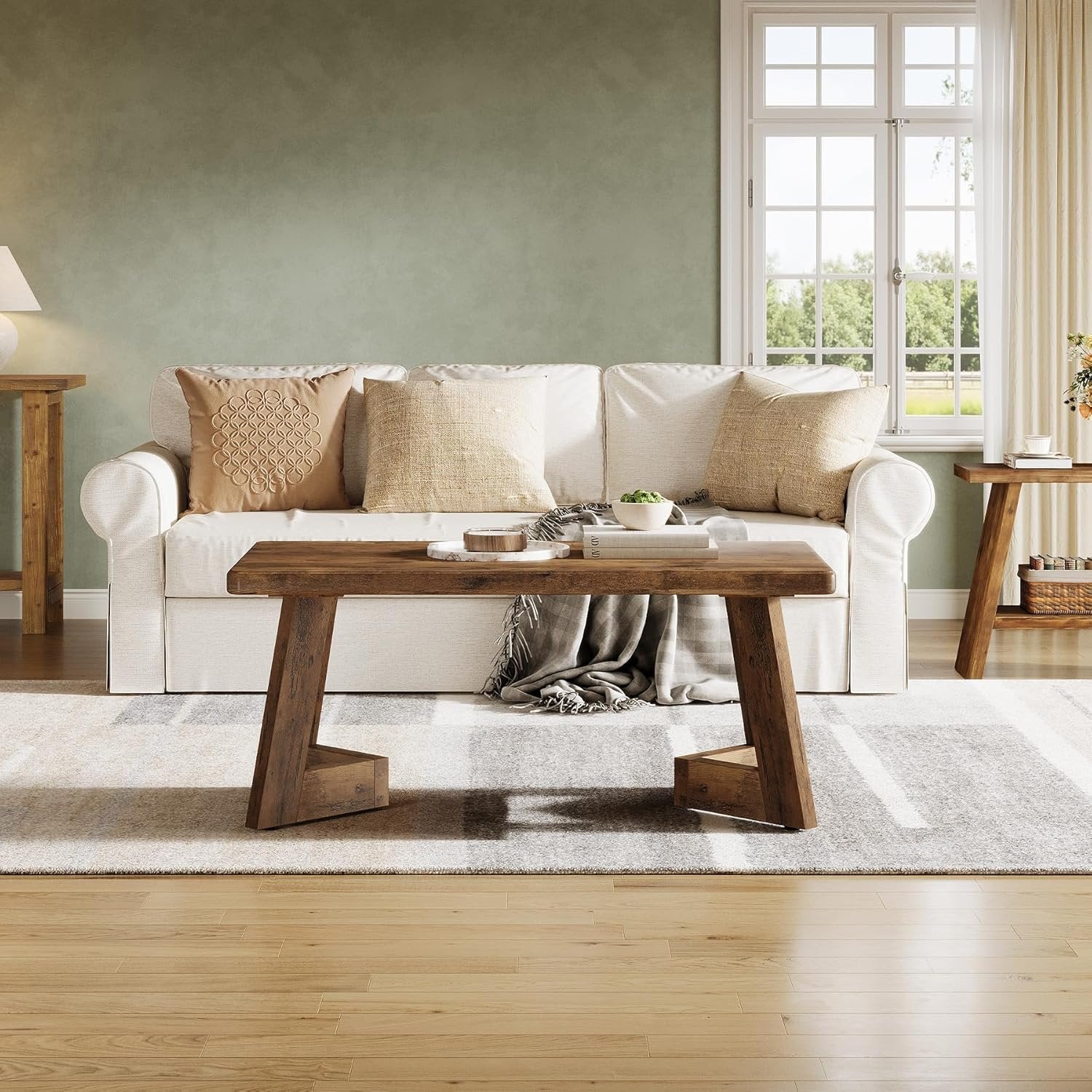 47" Rustic Farmhouse Coffee Table - Brown Wood Center Table with V-Shaped Legs