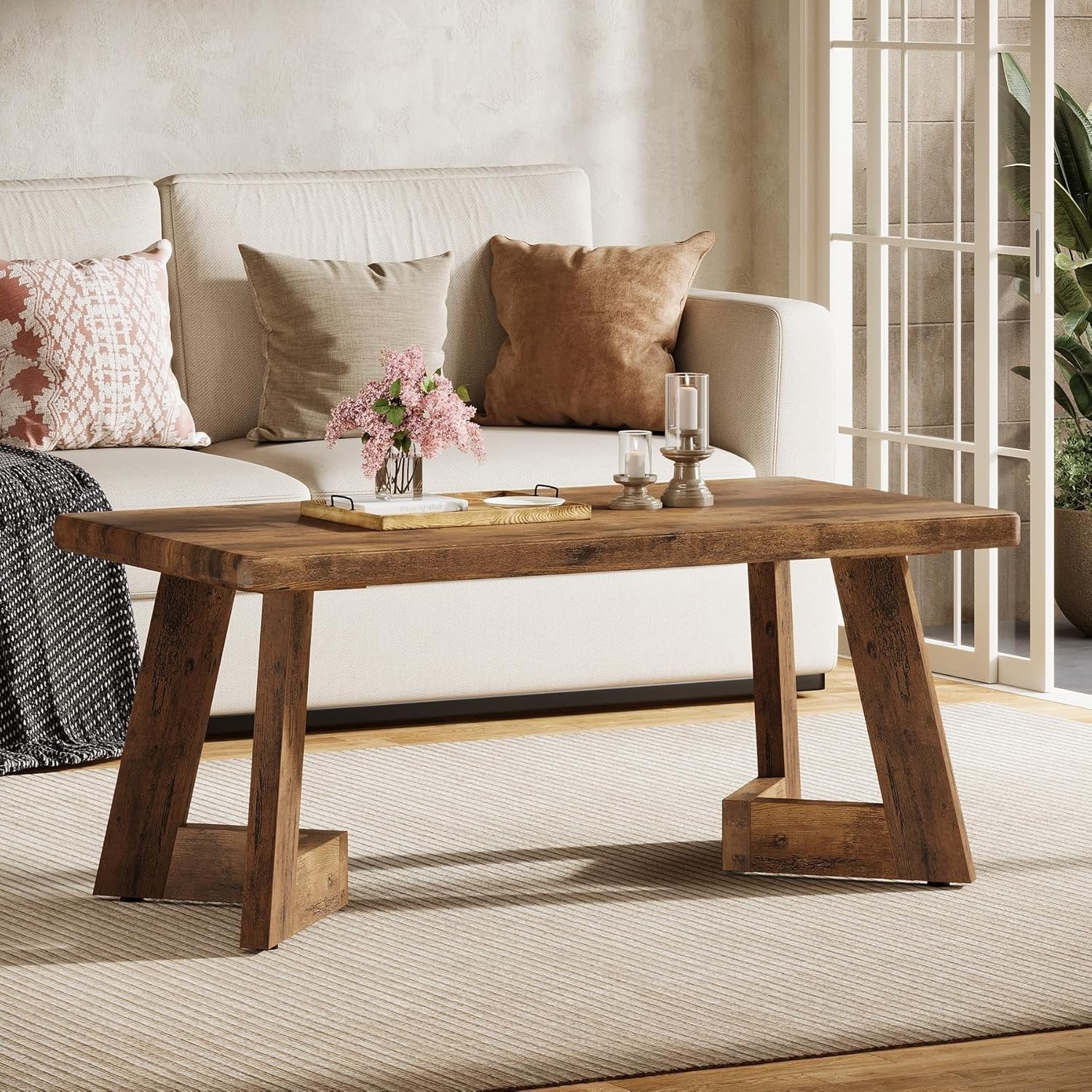 47" Rustic Farmhouse Coffee Table - Brown Wood Center Table with V-Shaped Legs