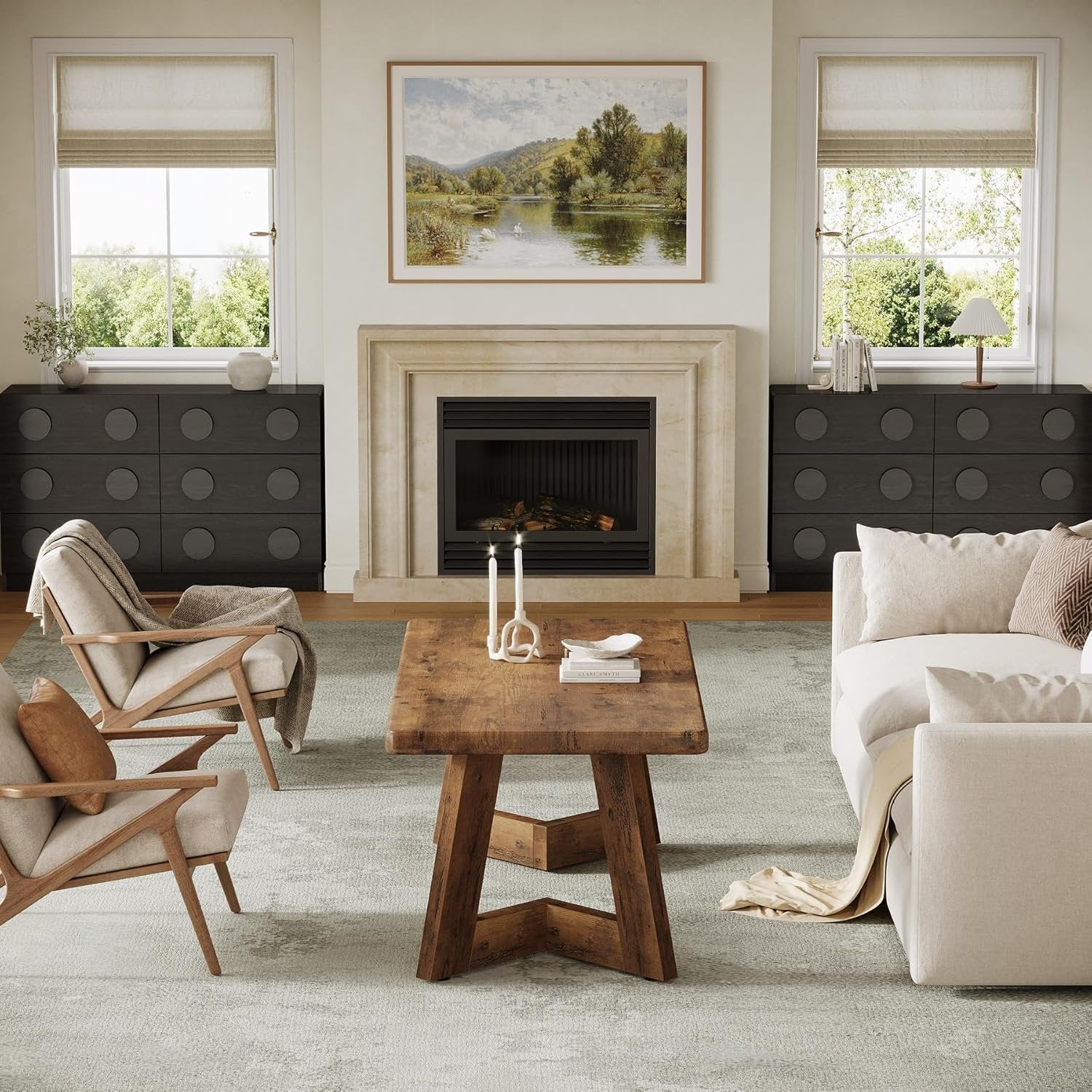 47" Rustic Farmhouse Coffee Table - Brown Wood Center Table with V-Shaped Legs