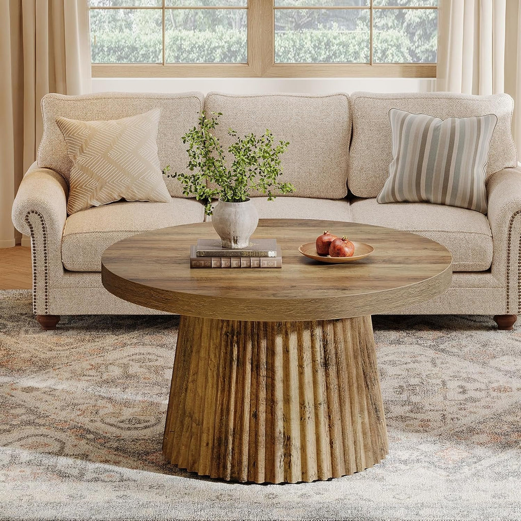 31.5" Round Fluted Coffee Table Minimalist Wood Grain Center Piece Small Spaces