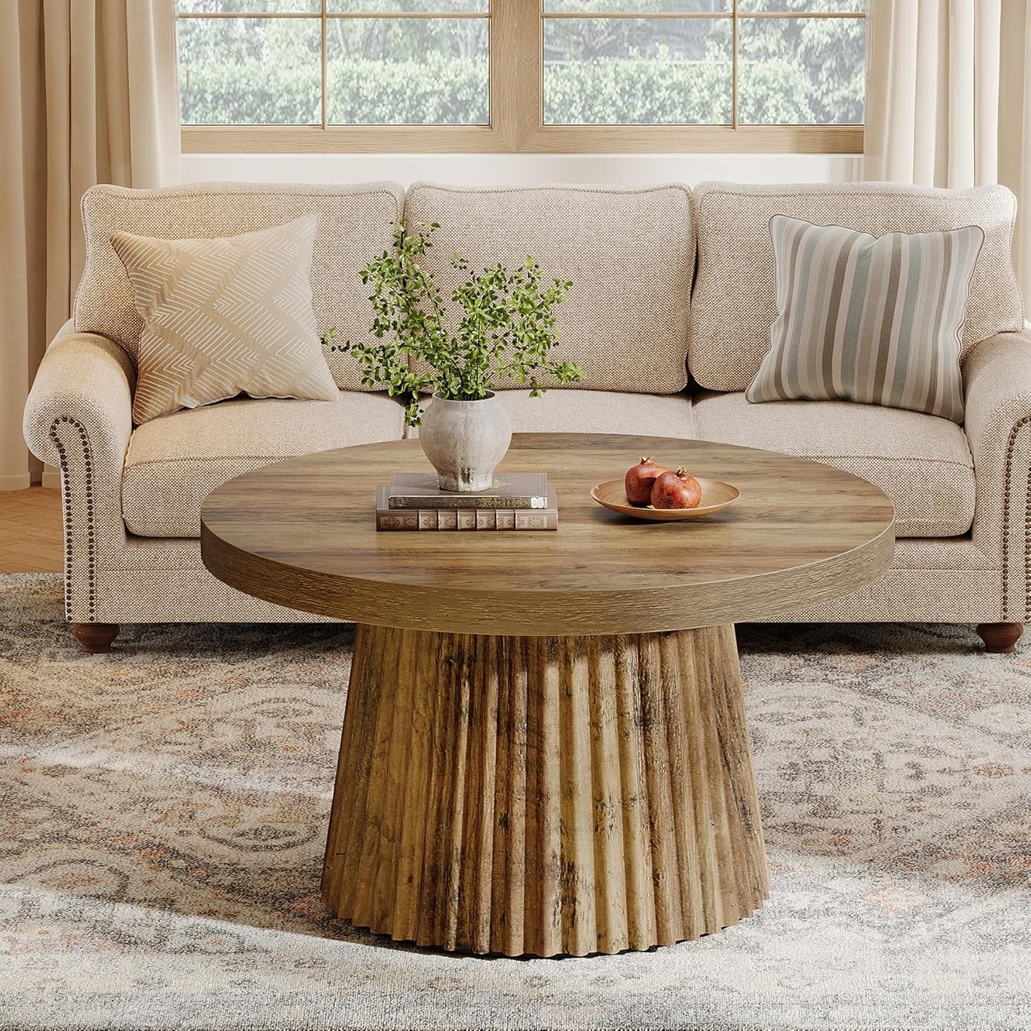 31.5" Round Fluted Coffee Table - Minimalist Wood Grain Center Piece for Small Spaces