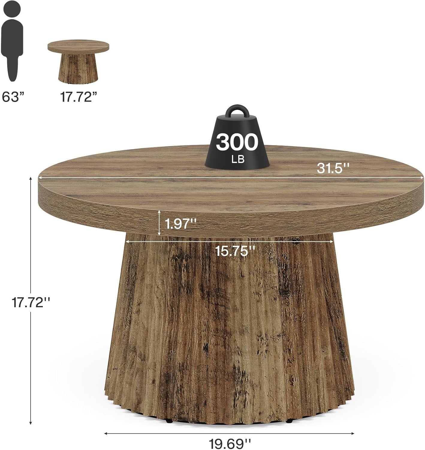 31.5" Round Fluted Coffee Table - Minimalist Wood Grain Center Piece for Small Spaces