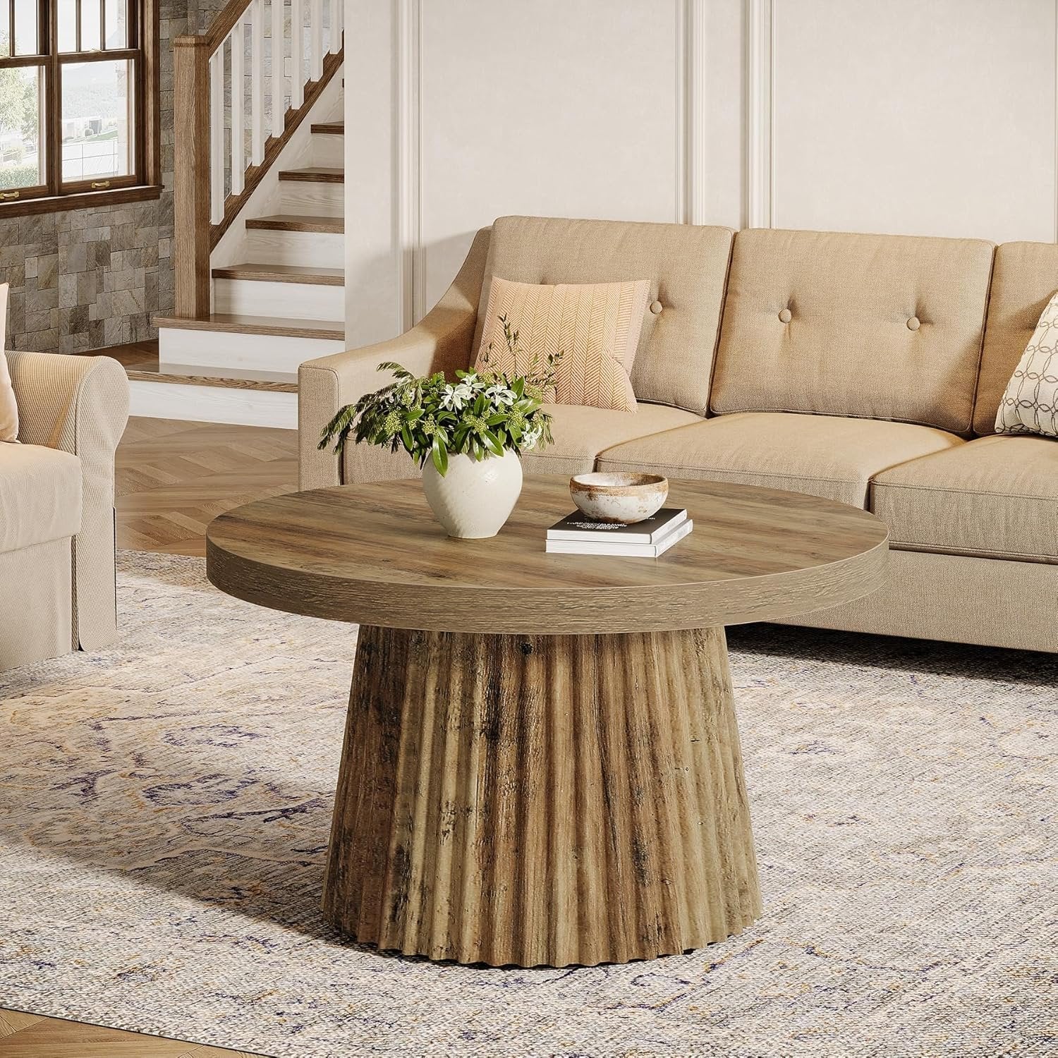 31.5" Round Fluted Coffee Table - Minimalist Wood Grain Center Piece for Small Spaces