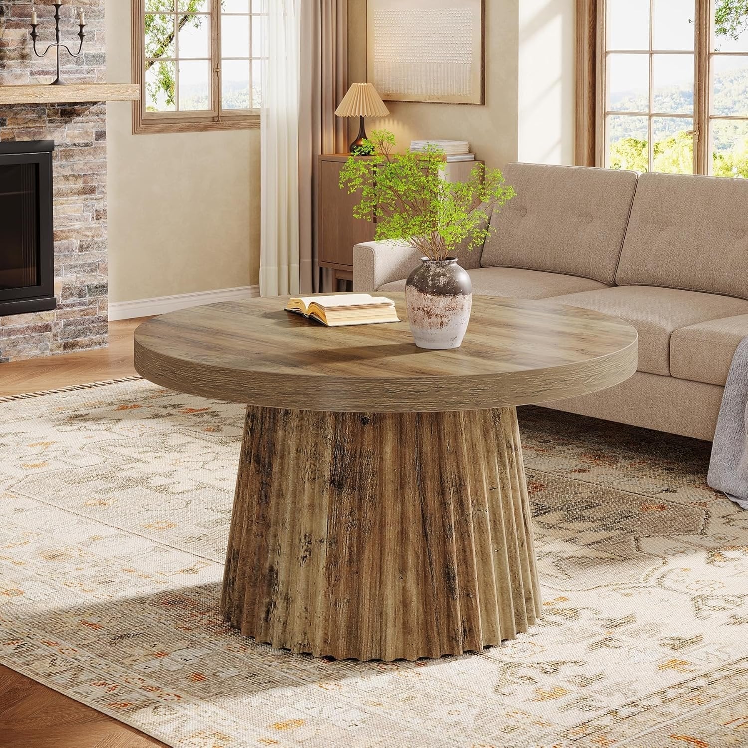 31.5" Round Fluted Coffee Table - Minimalist Wood Grain Center Piece for Small Spaces