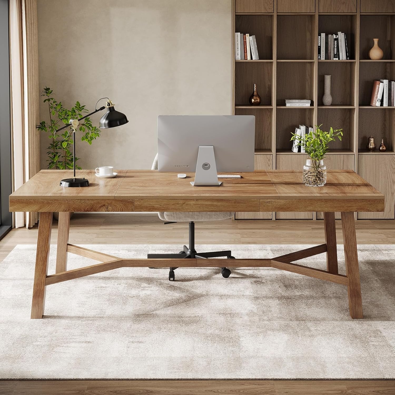71-Inch Farmhouse Executive Desk, Sturdy Trestle Base Home Office Table