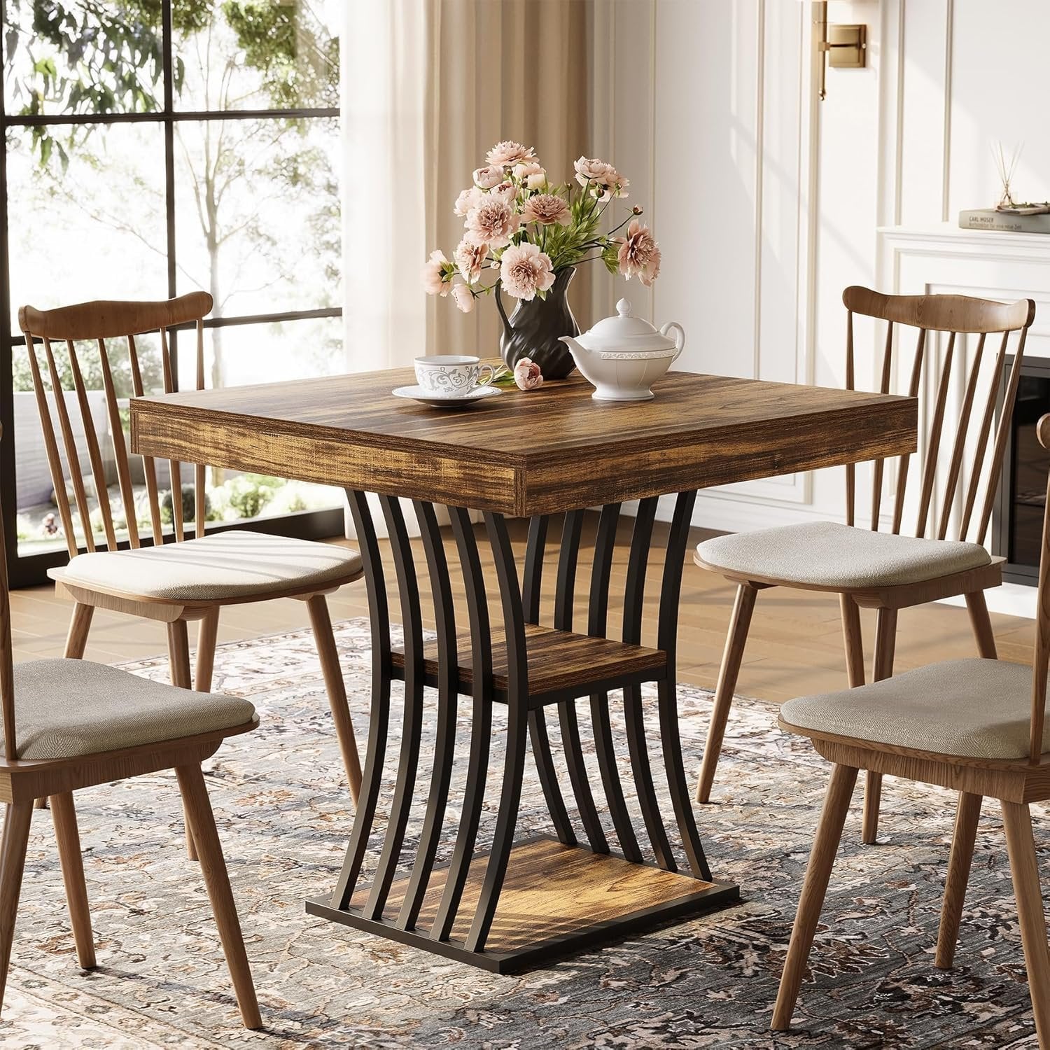 Tribesigns Industrial Dining Table with Metal Base, 31.5 Inch Kitchen Table in Brown and Black for Small Spaces