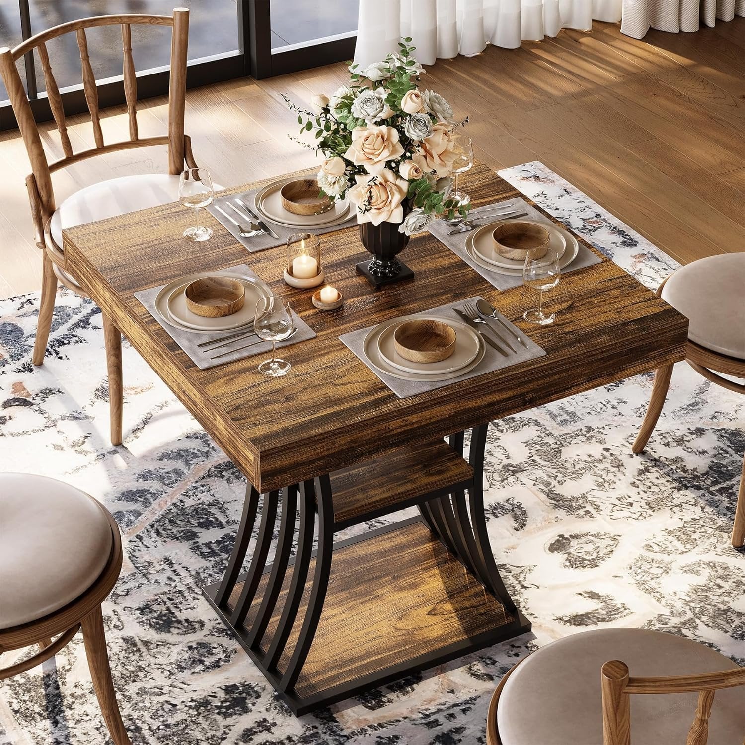 Tribesigns Industrial Dining Table with Metal Base, 31.5 Inch Kitchen Table in Brown and Black for Small Spaces
