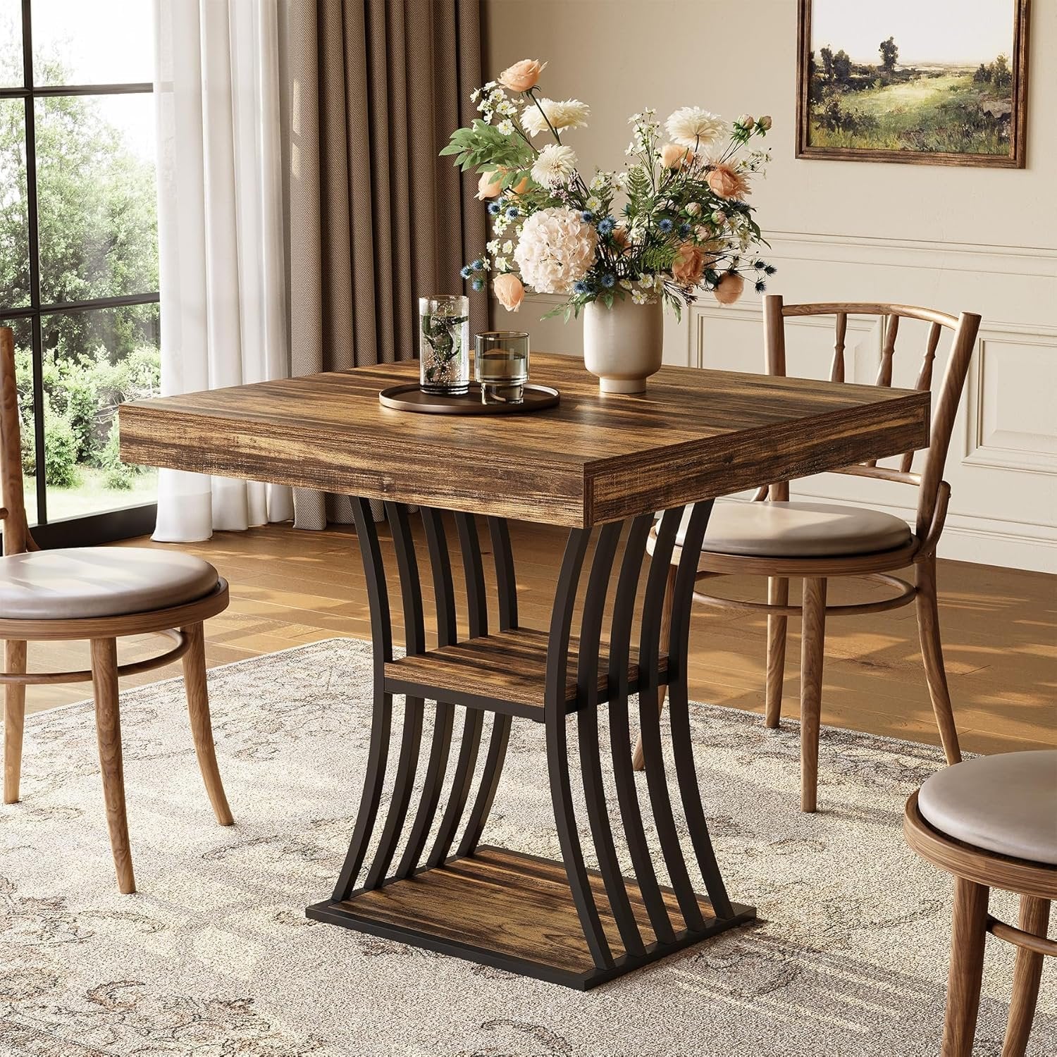 Tribesigns Industrial Dining Table with Metal Base, 31.5 Inch Kitchen Table in Brown and Black for Small Spaces